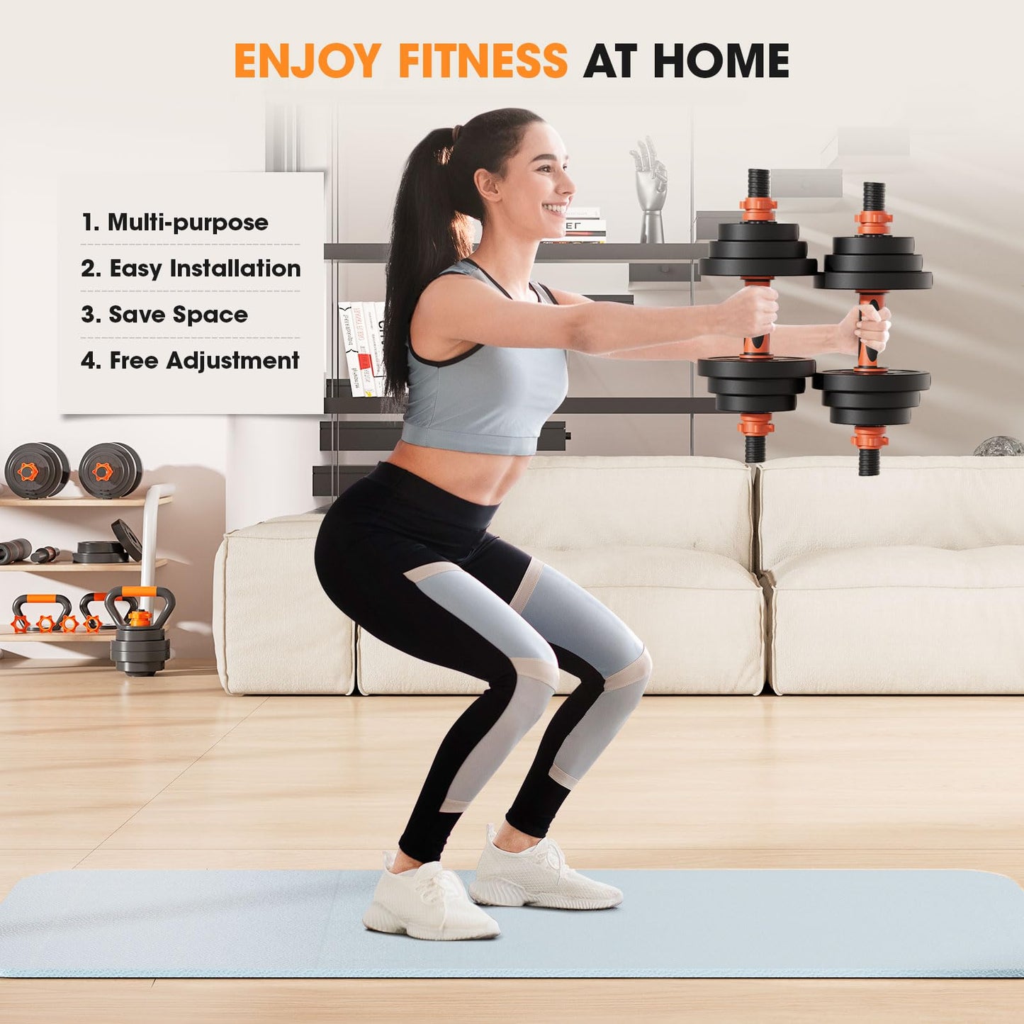 Adjustable 4-in-1 Dumbbell Set 20/50/70/90 lbs, Converts to Barbell, Kettlebell and Push-Up Stand for Home Gym Fitness