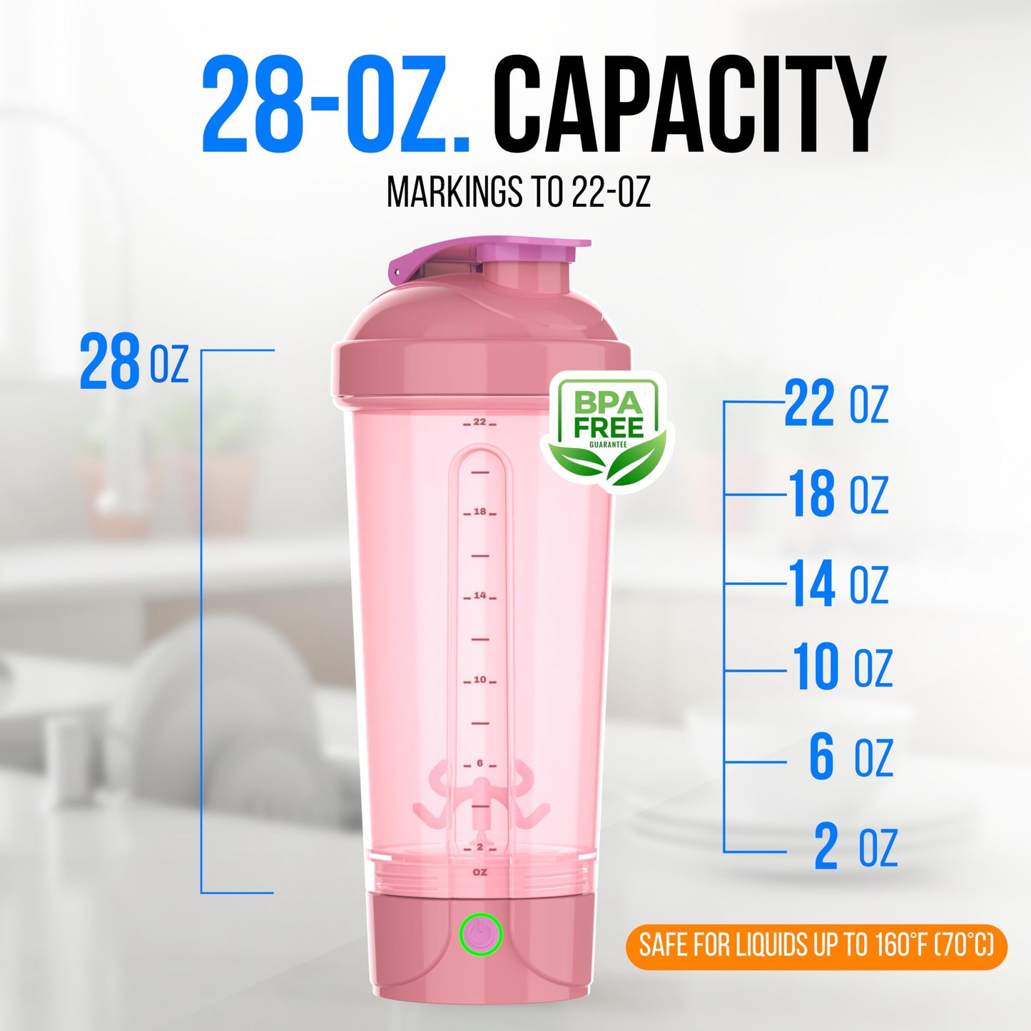 VELOMIX Electric Protein Shaker Bottle (24oz) – USB-C Rechargeable, Leak-Proof Automatic Mixer Cup – Portable Electric Blender Bottle for Protein Shakes, Smoothies & Pre-Workout Drinks (Pink)