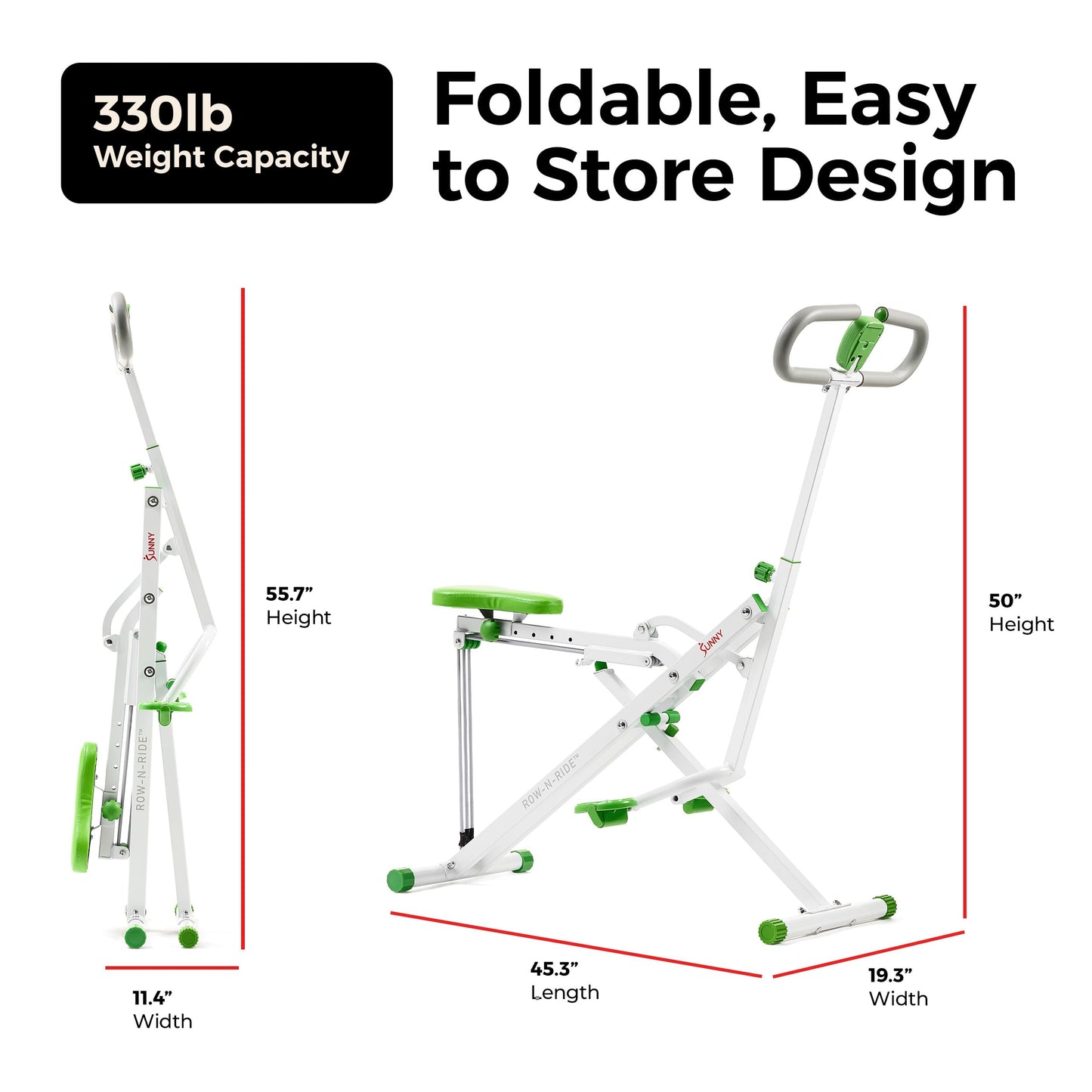 Sunny Health & Fitness Smart Row-N-Ride Glute & Leg Trainer – Foldable Squat Assist Rower with Adjustable Resistance, Digital Monitor & SunnyFit App Connectivity for Home Gym Full Body Workout