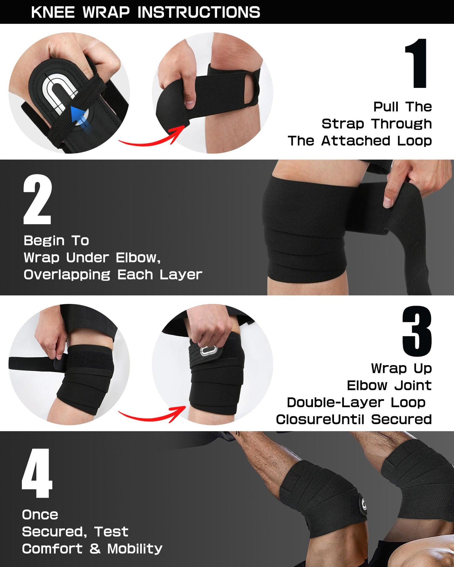 Jaffick Knee Wraps for Weightlifting (Pair) – 70" Double-Layer Reinforced Compression Knee Straps with Adjustable Hook-and-Loop Closure – Heavy-Duty Knee Support for Powerlifting, Squats & Strength Training – Gym Accessories for Men & Women