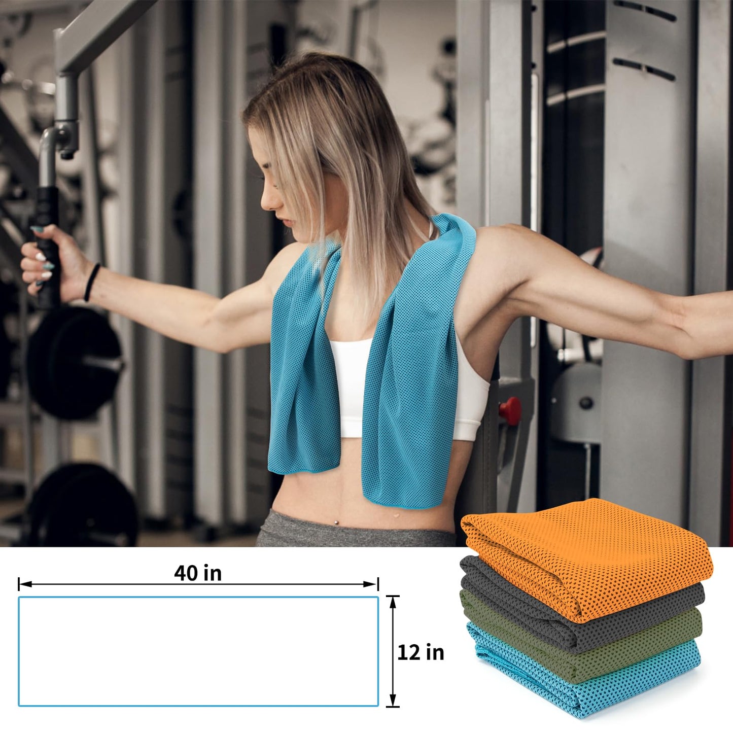 YESLIFE 4 Pack Cooling Towels (40"x12") – Soft, Breathable Gym Towels for Men & Women | Quick Dry Workout Towels for Yoga, Running, Sports & Outdoor Activities (Black, Army Green, Orange, Blue)