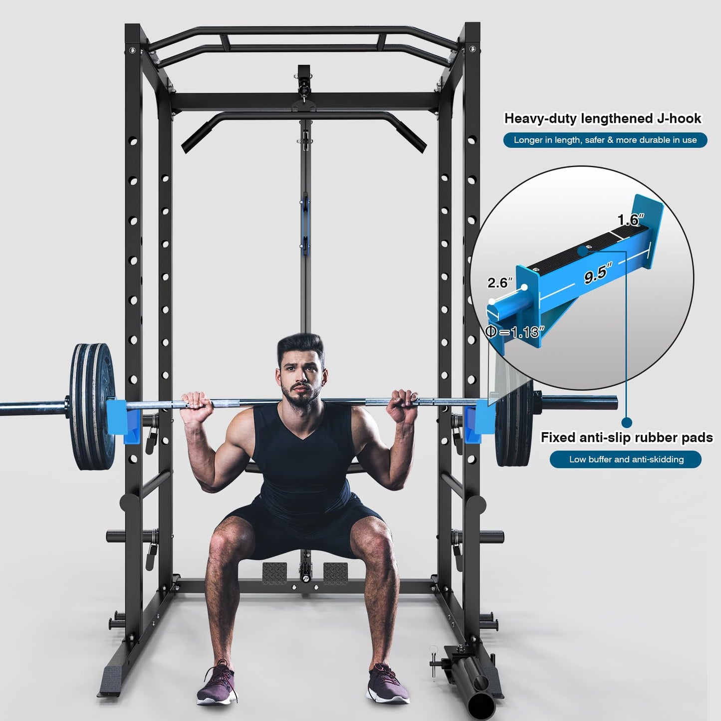Multi-Functional Power Cage with J-Hooks, Dip Handles, Landmine Attachment, and Optional Cable Pulley System for Home Gym Workouts