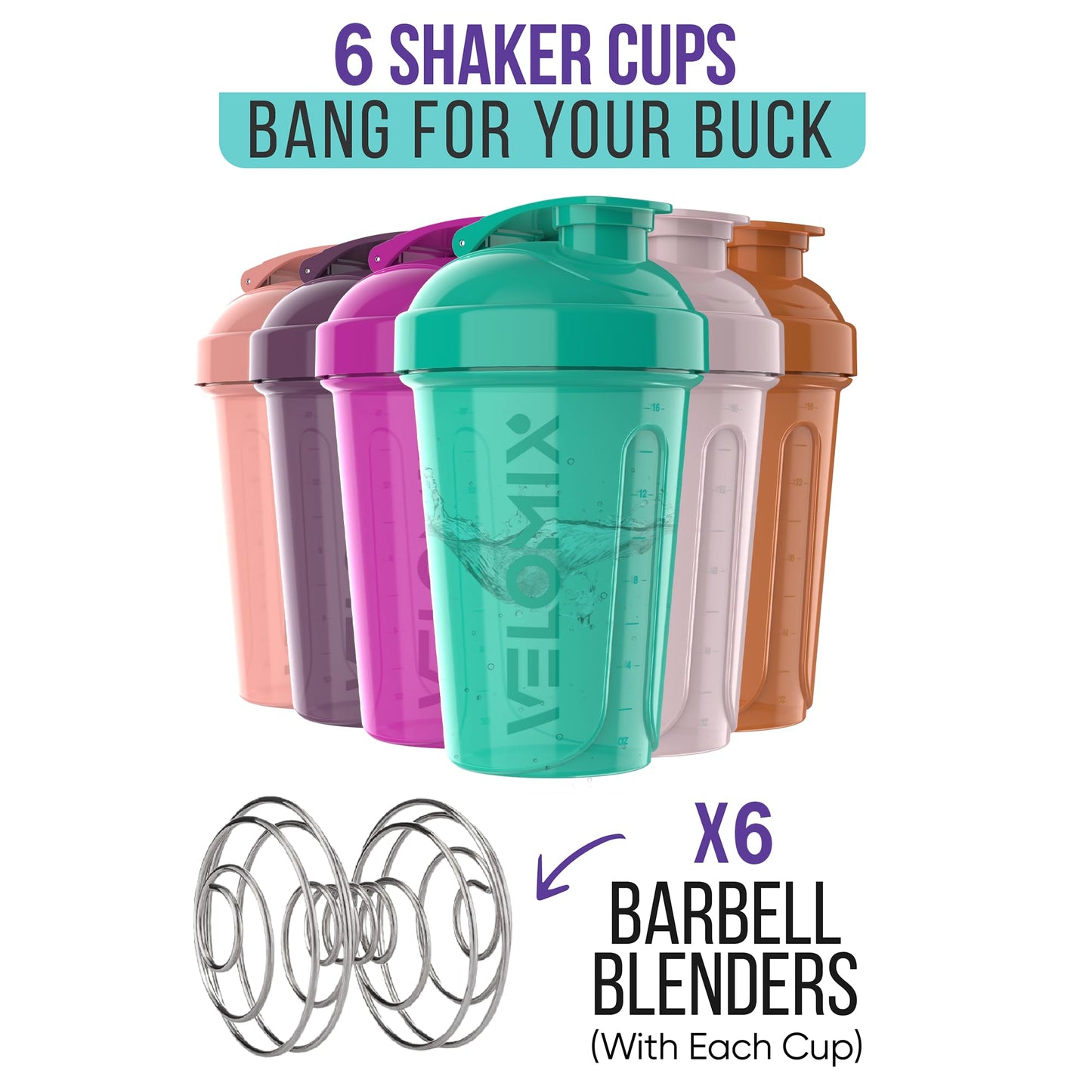 VELOMIX -6 PACK- 20 oz Protein Shaker Bottles for Protein Mixes | Leak-Proof Small Shaker Cups with Wire Whisks | Durable Protein Shake Bottle Pack for Gym, Fitness, and Smoothies (Rose Garden Series)