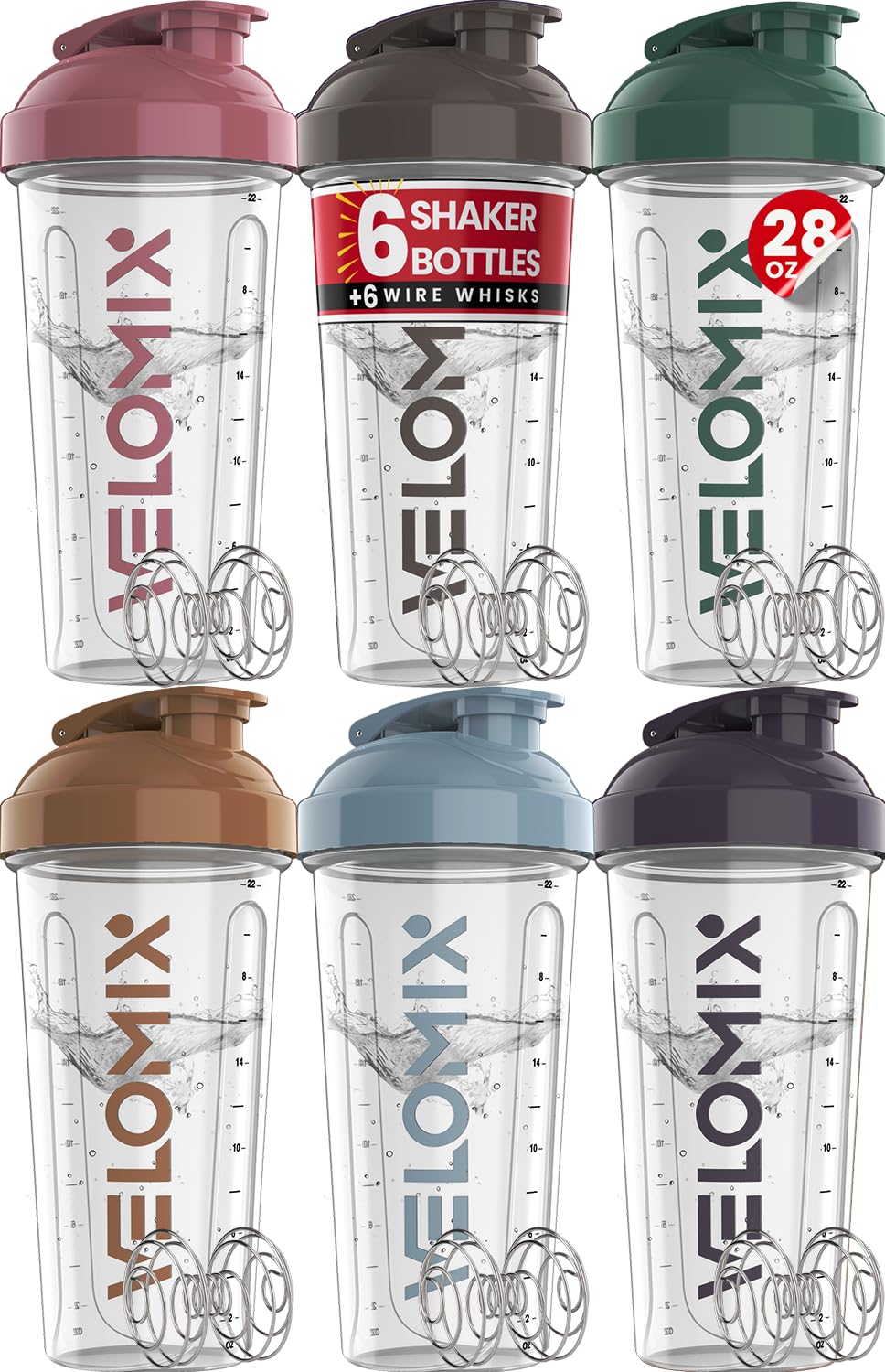 VELOMIX Protein Shaker Bottle 6-Pack (28oz) – Includes 6 Wire Whisks | Leak-Proof Shaker Cups for Protein Shakes & Pre-Workout Drinks | Durable Mixing Bottles for Gym, Fitness, and Smoothies (Muted Clarity)