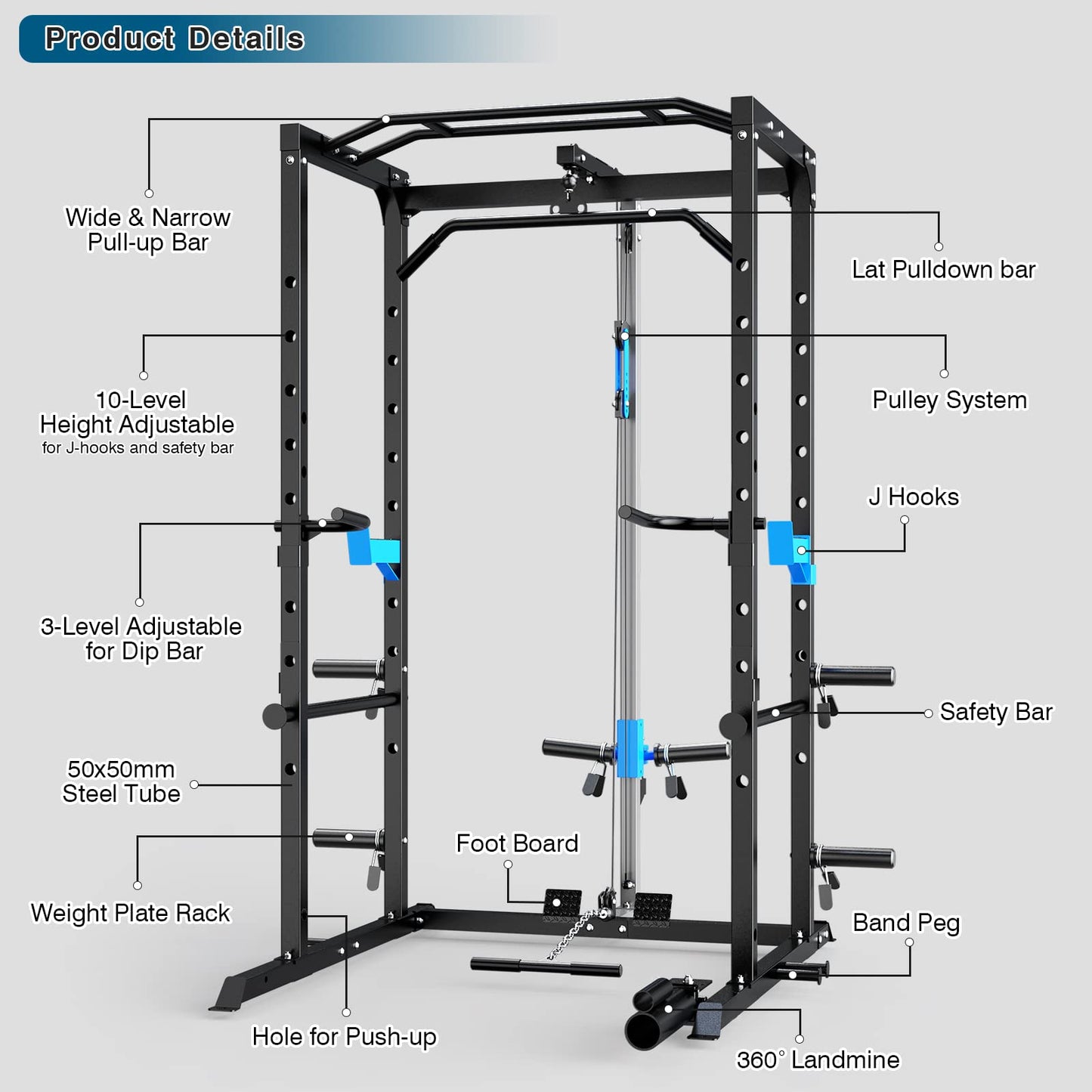 Multi-Functional Power Cage with J-Hooks, Dip Handles, Landmine Attachment, and Optional Cable Pulley System for Home Gym Workouts
