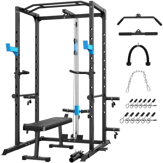 Multi-Functional Power Cage with J-Hooks, Dip Handles, Landmine Attachment, and Optional Cable Pulley System for Home Gym Workouts