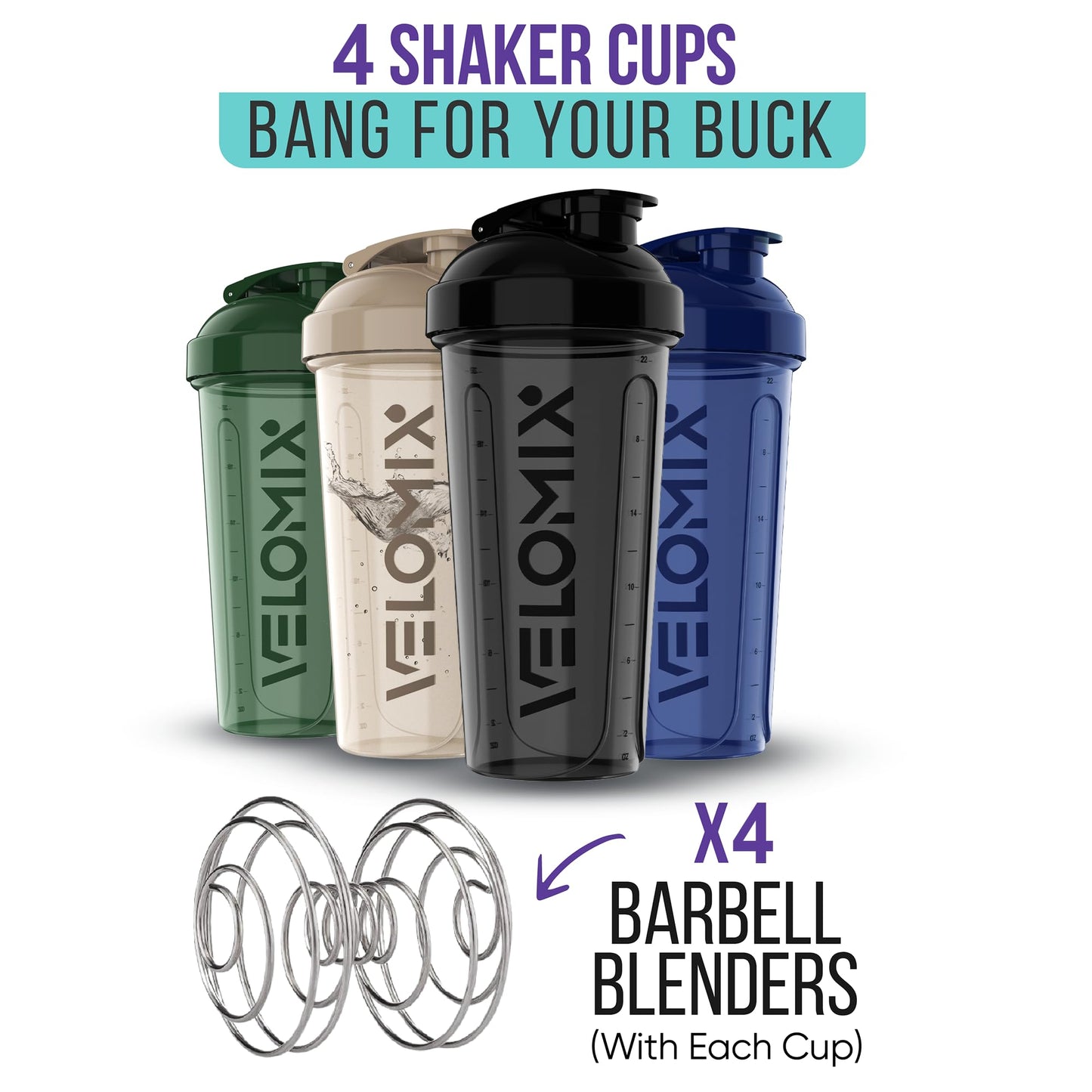 VELOMIX 4-Pack Shaker Cups (28 oz) – Includes 4 Wire Whisks | Leak-Proof Protein Shaker Bottles for Smooth Protein Mixes | Durable, BPA-Free Mixer Bottle Set for Protein Shakes & Supplements (Forest Edge)