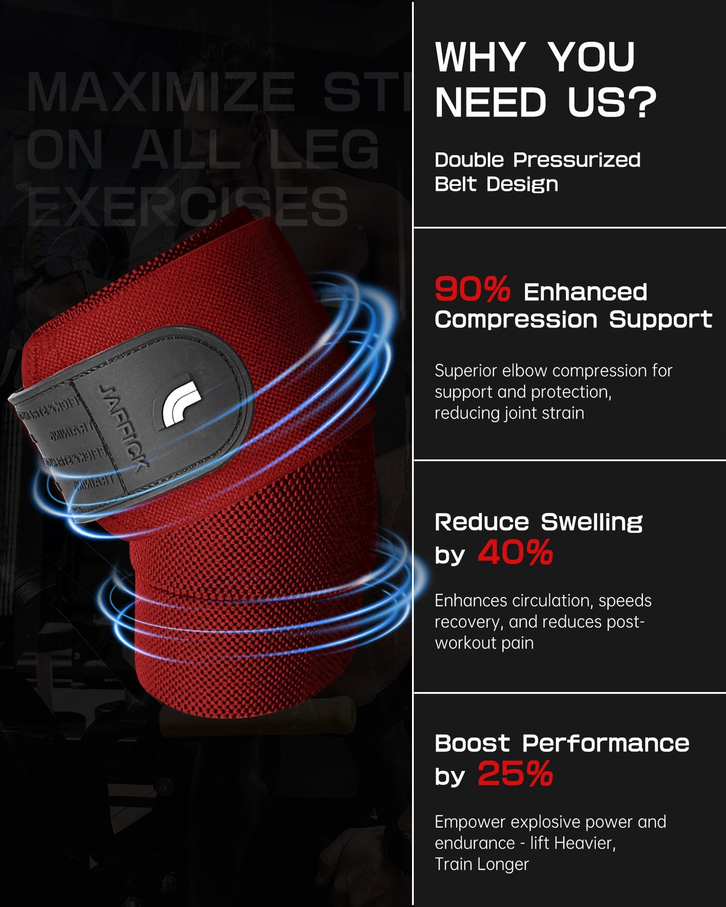 Jaffick Knee Wraps for Weightlifting (Pair) – 70" Double-Layer Reinforced Compression Knee Straps with Adjustable Support – Premium Knee Wraps for Powerlifting, Squats, and Strength Training – Gym Accessories for Men & Women