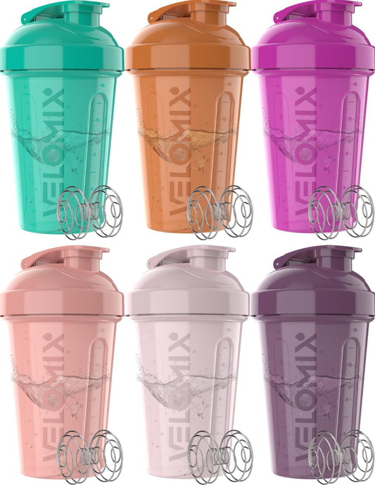 VELOMIX -6 PACK- 20 oz Protein Shaker Bottles for Protein Mixes | Leak-Proof Small Shaker Cups with Wire Whisks | Durable Protein Shake Bottle Pack for Gym, Fitness, and Smoothies (Rose Garden Series)