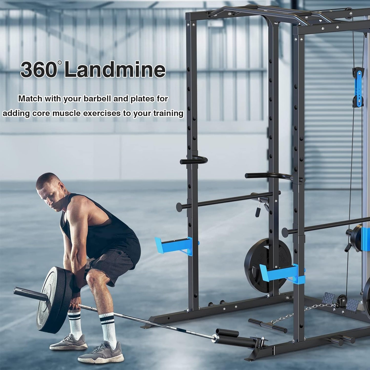 Multi-Functional Power Cage with J-Hooks, Dip Handles, Landmine Attachment, and Optional Cable Pulley System for Home Gym Workouts