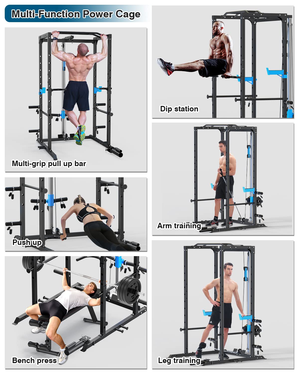 Multi-Functional Power Cage with J-Hooks, Dip Handles, Landmine Attachment, and Optional Cable Pulley System for Home Gym Workouts