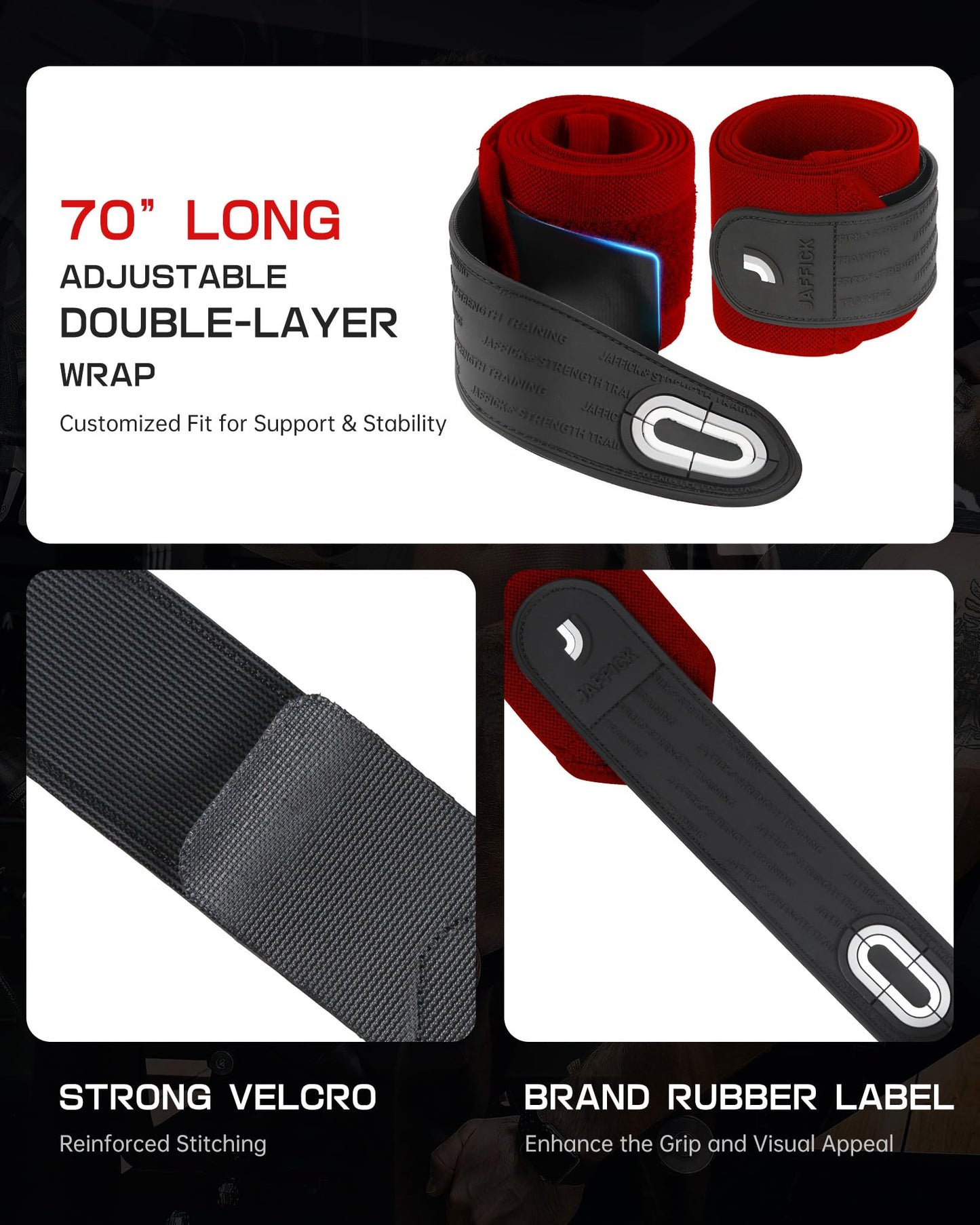 Jaffick Knee Wraps for Weightlifting (Pair) – 70" Double-Layer Reinforced Compression Knee Straps with Adjustable Support – Premium Knee Wraps for Powerlifting, Squats, and Strength Training – Gym Accessories for Men & Women