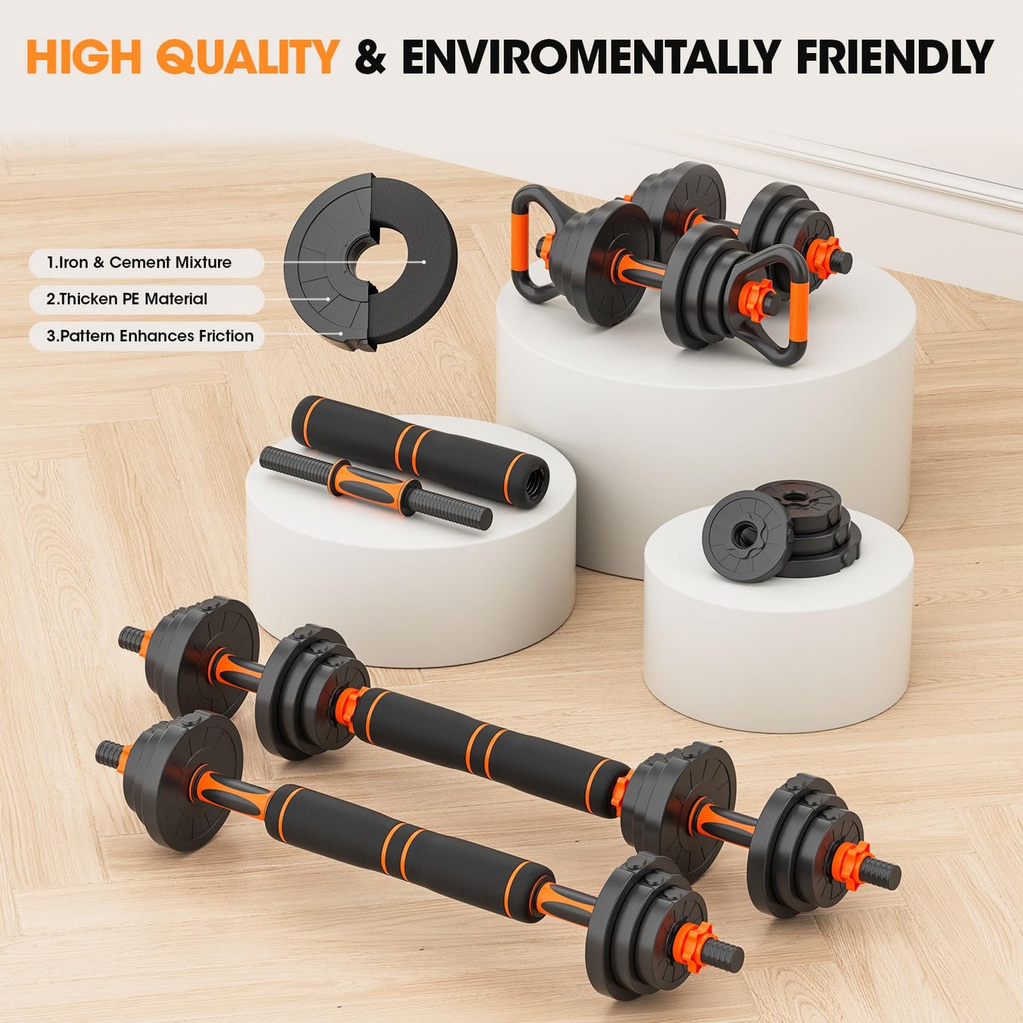 Adjustable 4-in-1 Dumbbell Set 20/50/70/90 lbs, Converts to Barbell, Kettlebell and Push-Up Stand for Home Gym Workouts