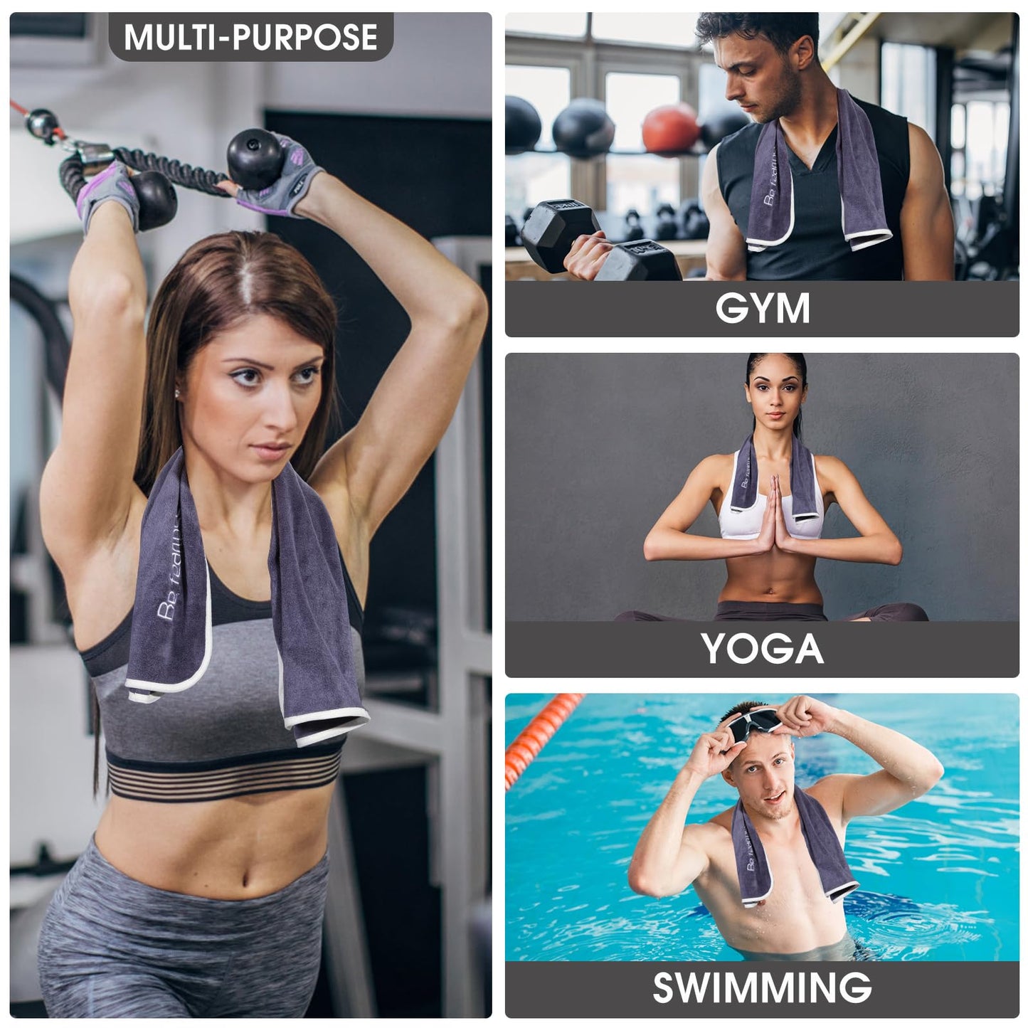 Microfiber Gym Towel Set (3 Pack, Blue+Grey+Purple) – Super Soft, Quick-Drying, and Absorbent Towels for Men & Women – Ideal for Fitness, Yoga, Cycling, and Swimming