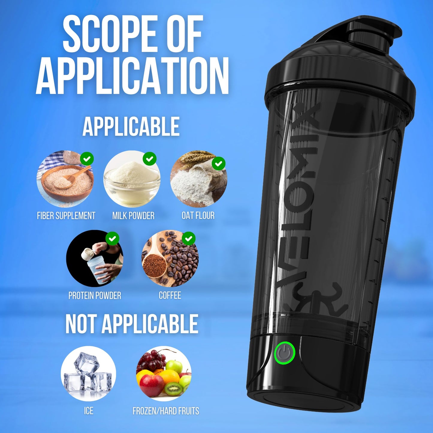 VELOMIX Electric Protein Shaker Bottle (24oz) – USB-C Rechargeable, Leak-Proof Automatic Mixer Cup – Portable Electric Blender Bottle for Protein Shakes, Smoothies & Pre-Workout Drinks (Black)