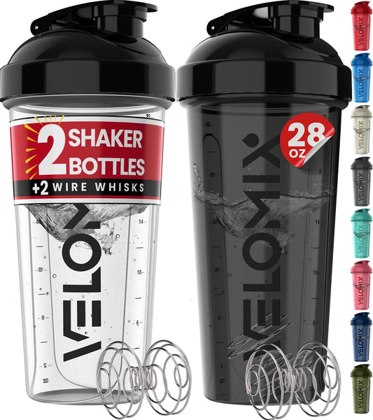 VELOMIX 2-Pack Protein Shaker Bottles (28oz) – Leak-Proof Shaker Cups with Dual Wire Whisks – Ideal for Protein Shakes, Smoothies & Pre-Workout Drinks – Durable & BPA-Free (Black/Transparent)
