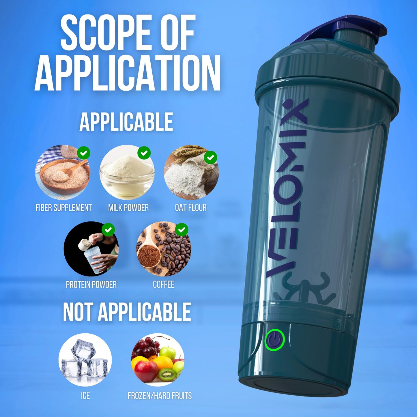 VELOMIX Electric Protein Shaker Bottle (24oz) – USB-C Rechargeable, Leak-Proof Automatic Mixer Cup – Portable Electric Blender Bottle for Protein Shakes, Smoothies & Pre-Workout Drinks (Blue)