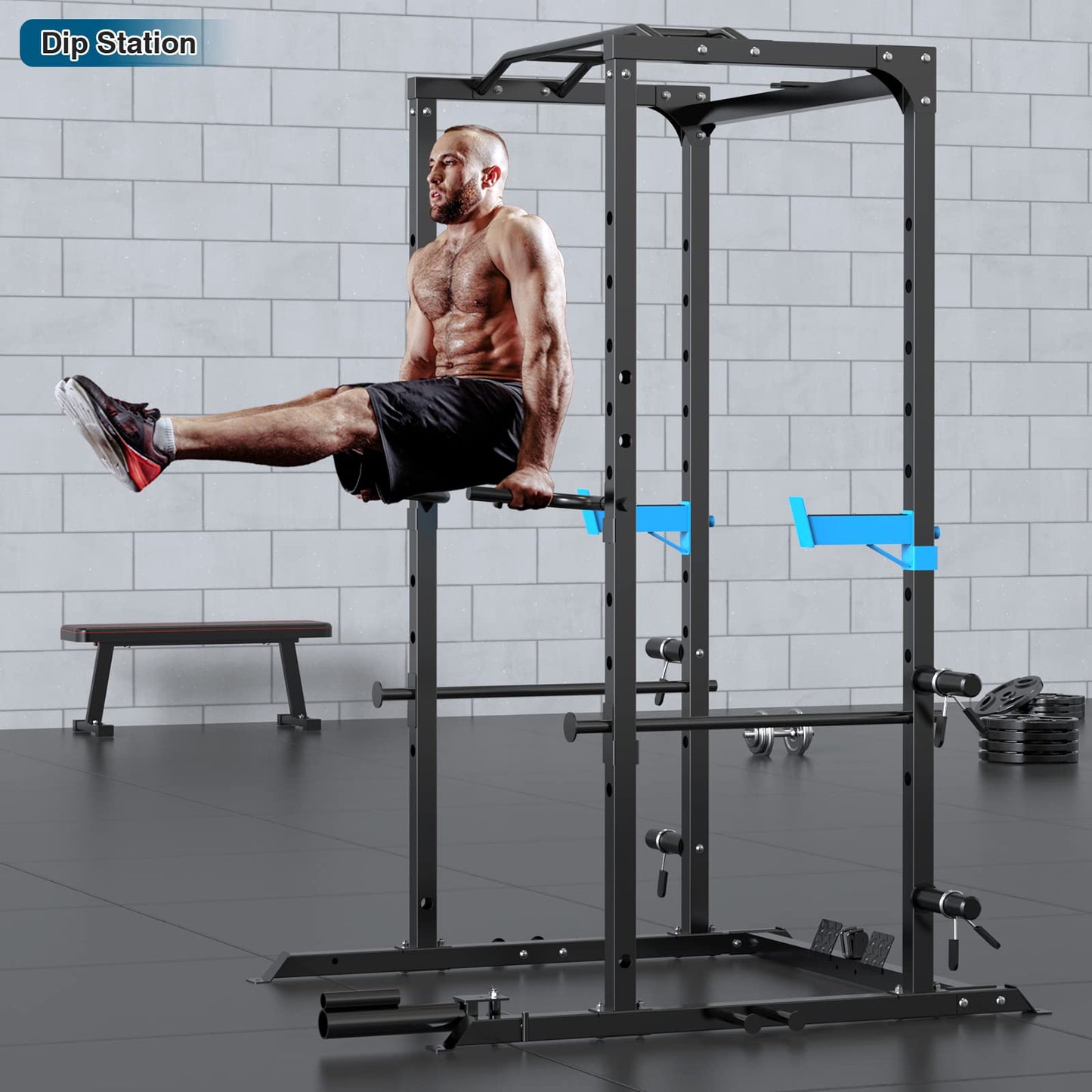 Multi-Functional Power Cage with J-Hooks, Dip Handles, Landmine Attachment, and Optional Cable Pulley System for Home Gym Workouts