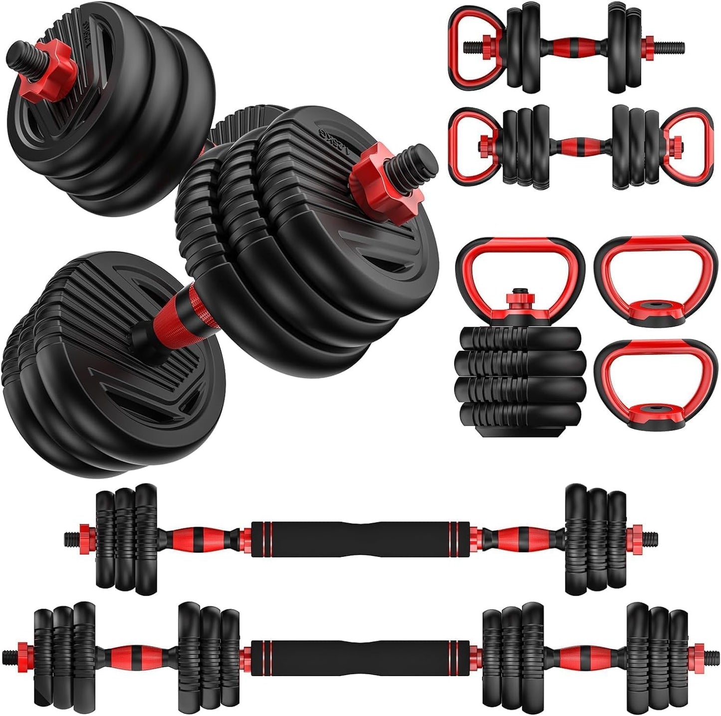 Adjustable 4-in-1 Dumbbell Set 10/20/30/45/70/90 lbs, Converts to Barbell, Kettlebell and Push-Up Stand for Home Gym Fitness