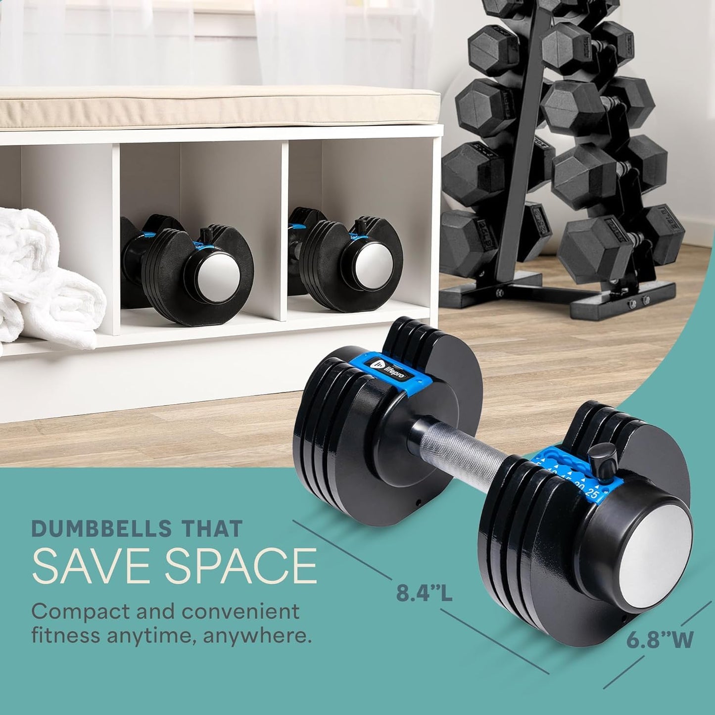Adjustable 5-in-1 Dumbbell Set 15/25/43/55 lbs with Rack, Quick-Adjust Compact Hand Weights for Home Gym Fitness