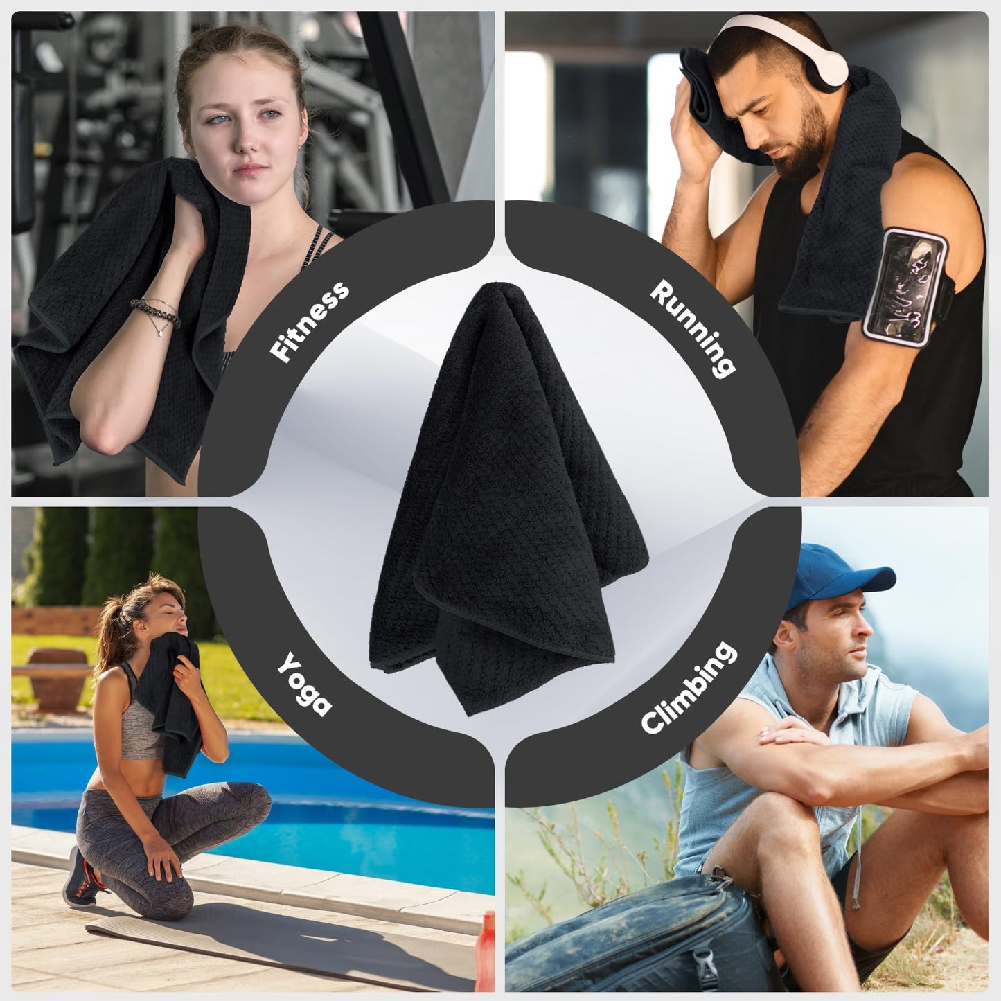 HOMEXCEL Black Gym Towels (3 Pack, 16x27 Inches) – Ultra Soft & Fast Drying Microfiber Towels for Gym, Yoga, Fitness, Spa, Camping & Hotel Use | Highly Absorbent Hand Towels for Daily Use