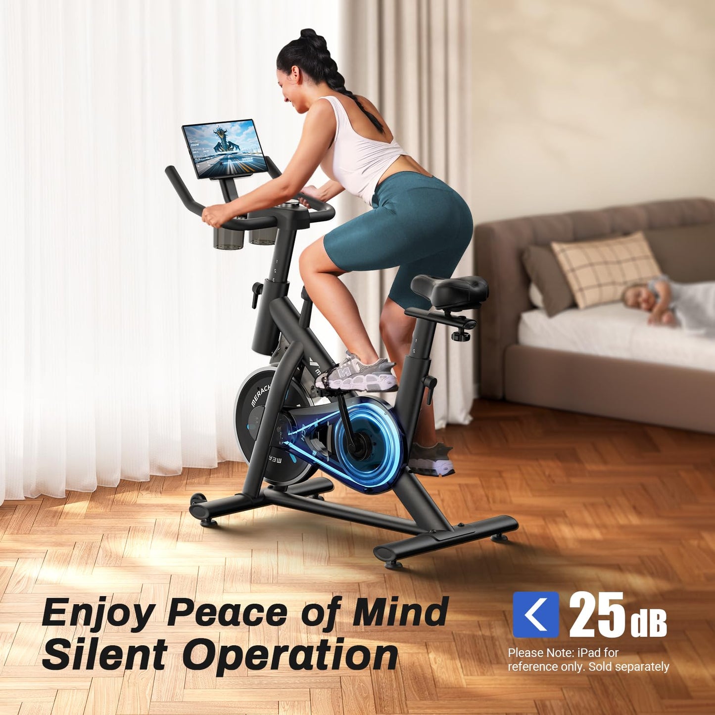 Brake Pad Stationary Exercise Bike, Low Noise Indoor Cycling Bike with 300lbs Capacity, Tablet Mount & App Fitness Courses