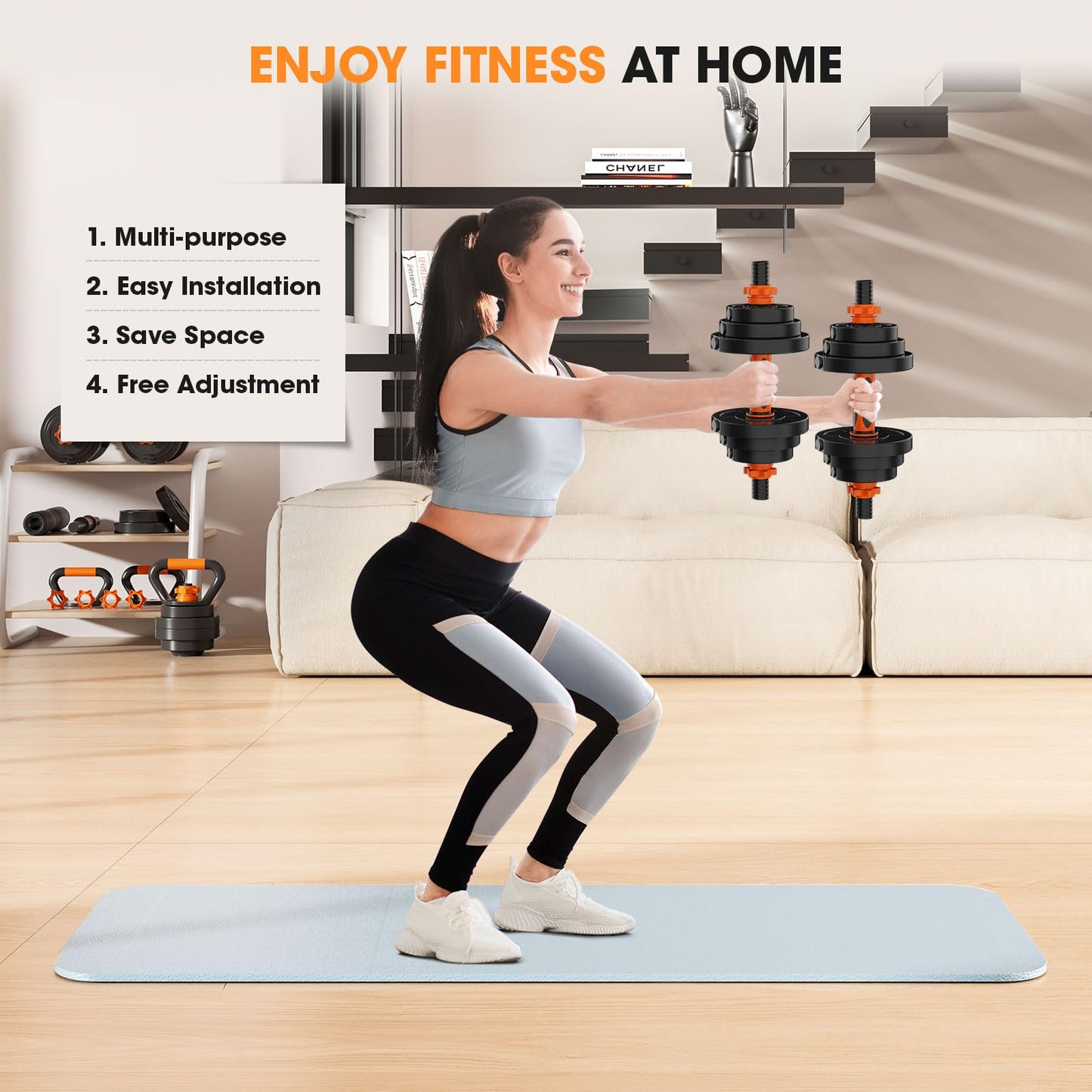 Adjustable 4-in-1 Dumbbell Set 20/50/70/90 lbs, Converts to Barbell, Kettlebell and Push-Up Stand for Home Gym Workouts