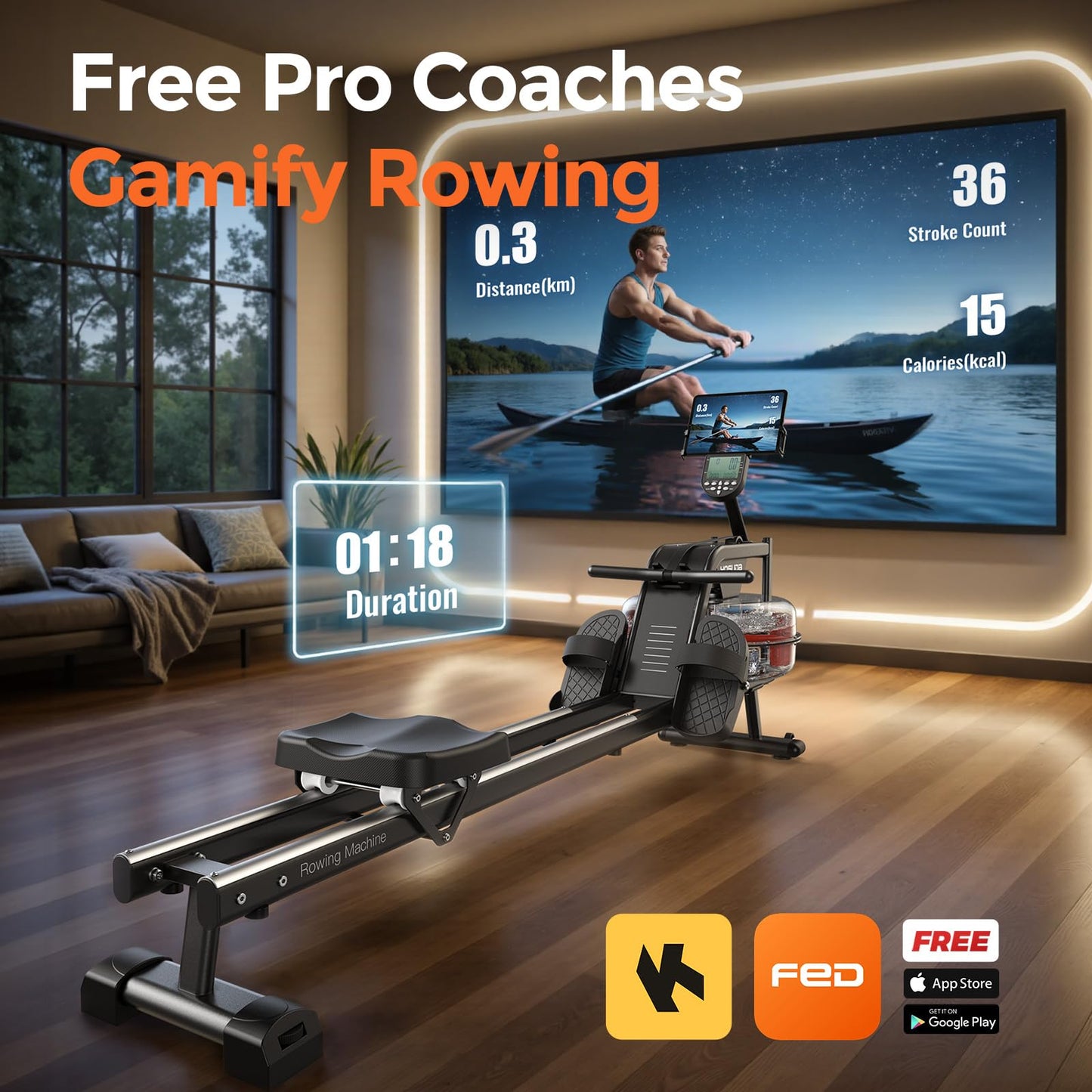 Magnetic/Water Rowing Machine for Home, Bluetooth App Supported Rower with Comfortable Seat for Taller Users