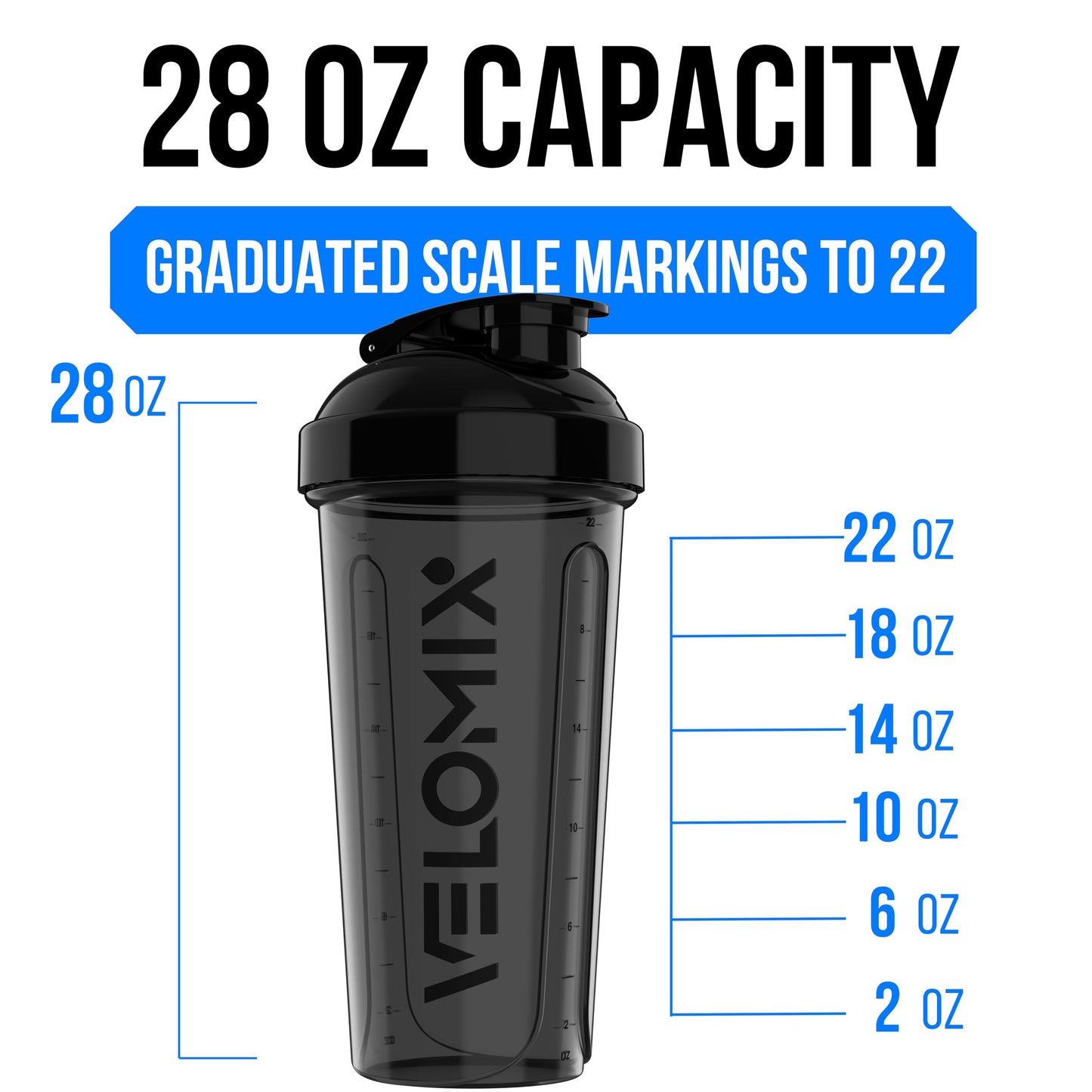 VELOMIX 2-Pack Protein Shaker Bottles (28oz) – Leak-Proof Shaker Cups with Dual Wire Whisks – Ideal for Protein Shakes, Smoothies & Pre-Workout Drinks – Durable & BPA-Free (Black/Transparent)