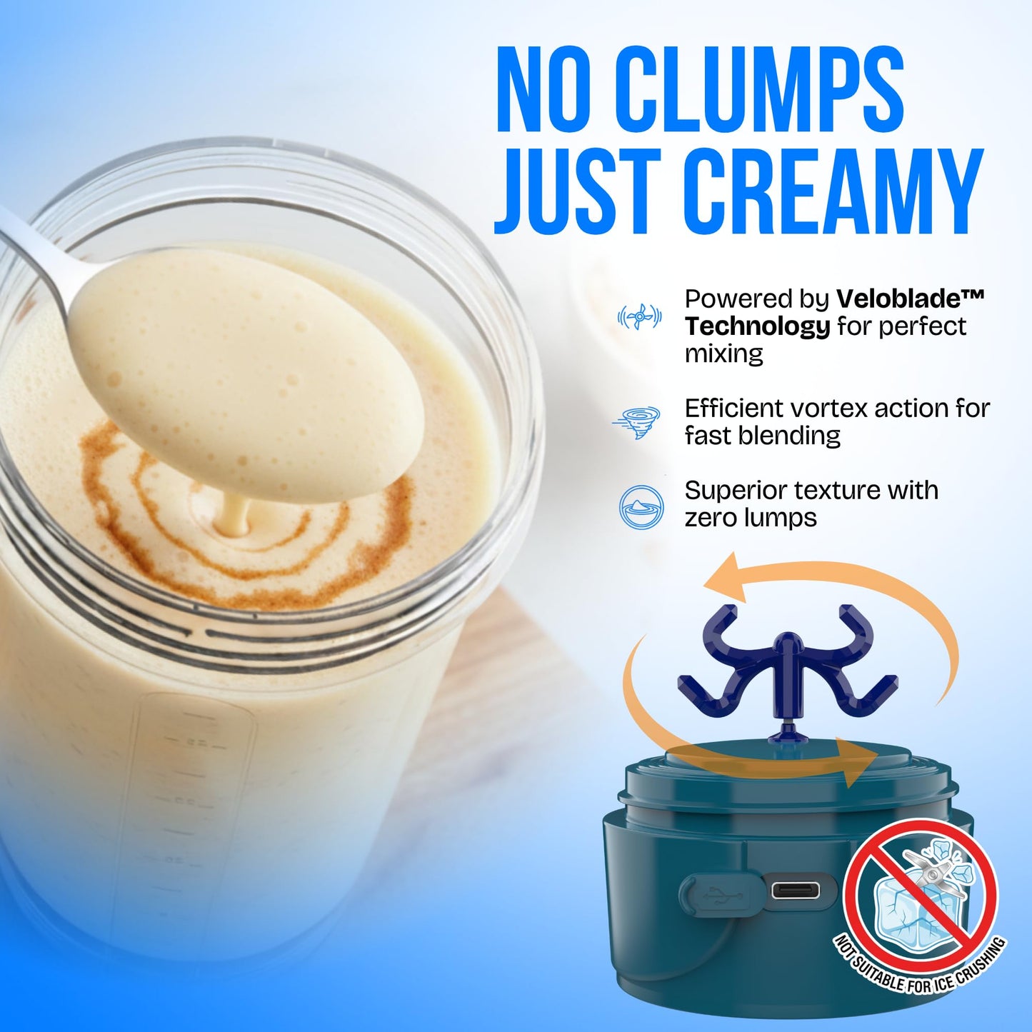 VELOMIX Electric Protein Shaker Bottle (24oz) – USB-C Rechargeable, Leak-Proof Automatic Mixer Cup – Portable Electric Blender Bottle for Protein Shakes, Smoothies & Pre-Workout Drinks (Blue)