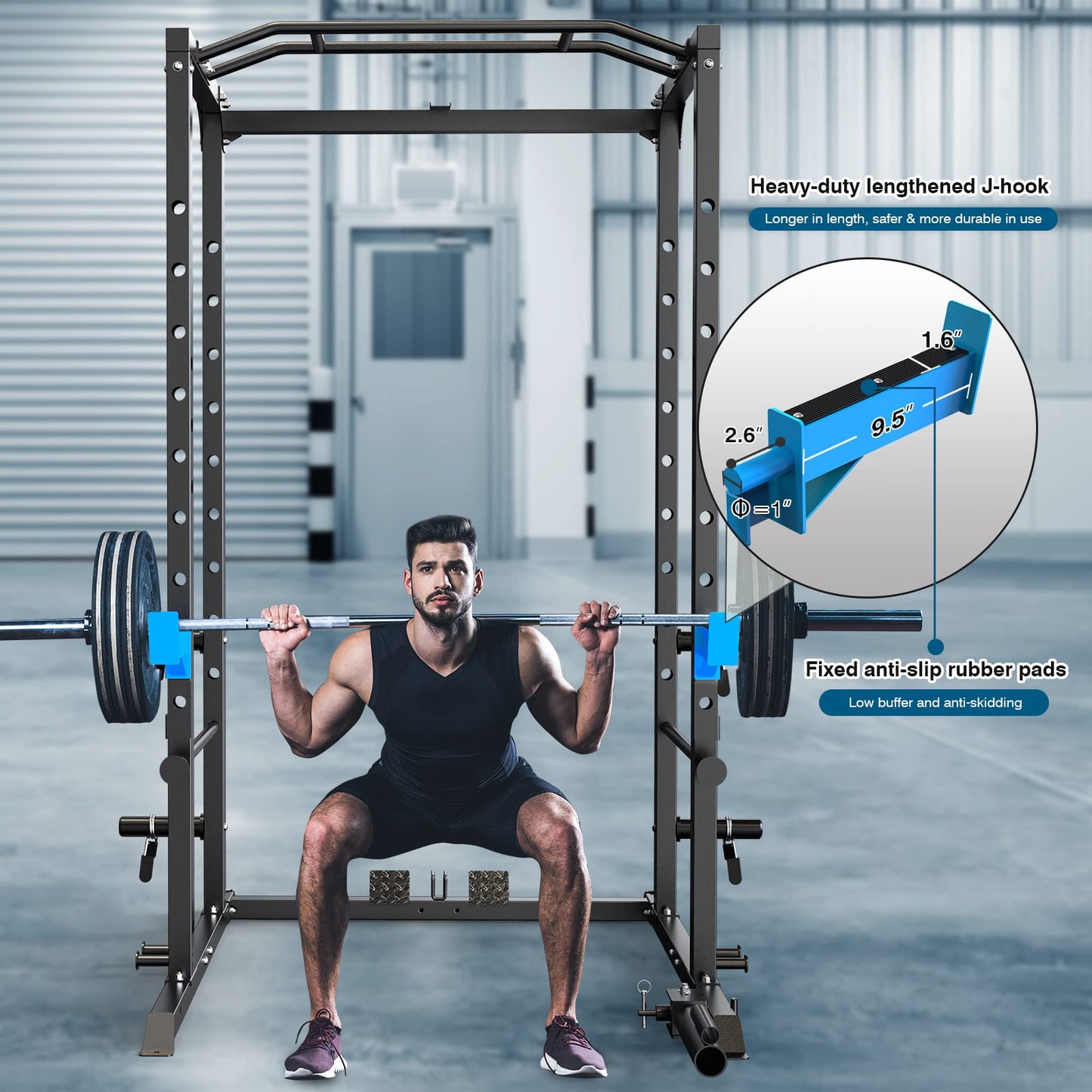 Multi-Functional Power Cage with J-Hooks, Dip Handles, Landmine Attachment, and Optional Cable Pulley System for Home Gym Workouts