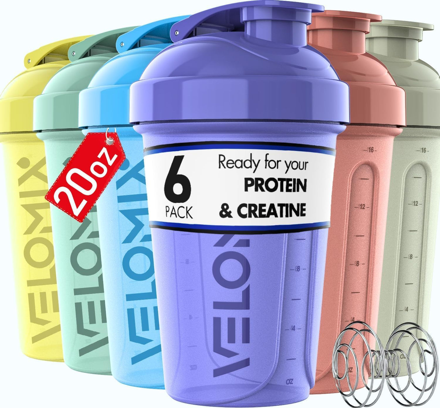 VELOMIX -6 PACK- 20 oz Protein Shaker Bottles for Protein Mixes | Leak-Proof Small Shaker Cups with Wire Whisks | Durable Protein Shake Bottle Pack for Gym, Fitness, and Smoothies (Pastel Shades Series)