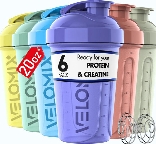 VELOMIX -6 PACK- 20 oz Protein Shaker Bottles for Protein Mixes | Leak-Proof Small Shaker Cups with Wire Whisks | Durable Protein Shake Bottle Pack for Gym, Fitness, and Smoothies (Pastel Shades Series)