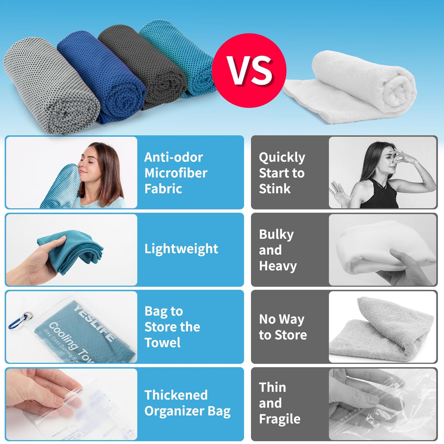 YESLIFE 4 Pack Cooling Towels (40"x12") – Soft, Breathable Gym Towels for Men & Women | Quick Dry Workout Towels for Yoga, Running, Sports & Outdoor Activities (Black, Dark Blue, Blue, Grey)