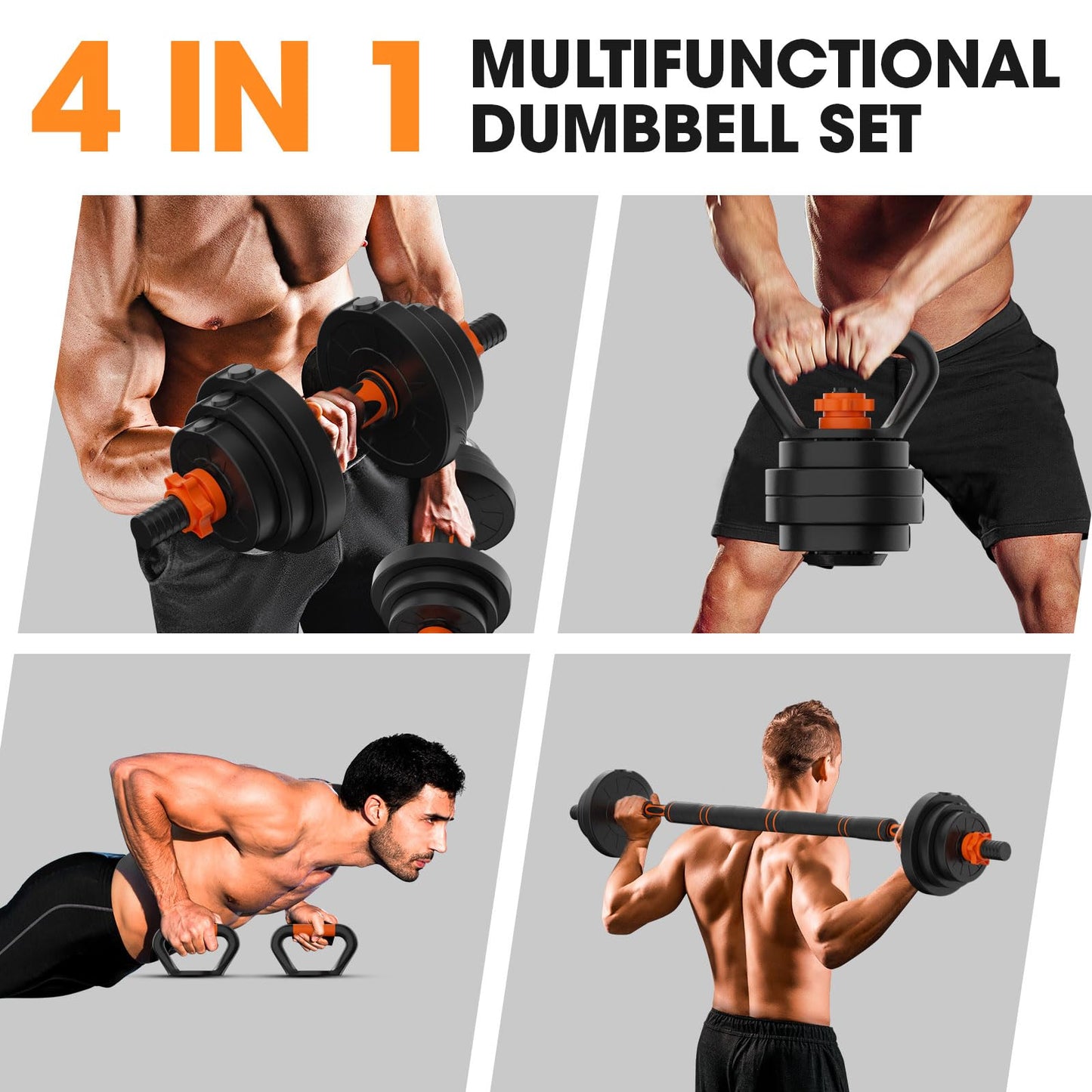 Adjustable 4-in-1 Dumbbell Set 20/50/70/90 lbs, Converts to Barbell, Kettlebell and Push-Up Stand for Home Gym Workouts