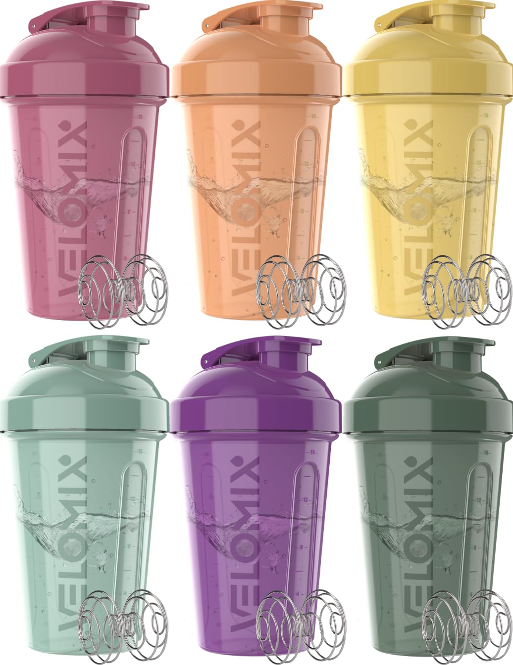 VELOMIX -6 PACK- 20 oz Protein Shaker Bottles for Protein Mixes | Leak-Proof Small Shaker Cups with Wire Whisks | Durable Protein Shake Bottle Pack for Gym, Fitness, and Smoothies (Nature Tones Series)