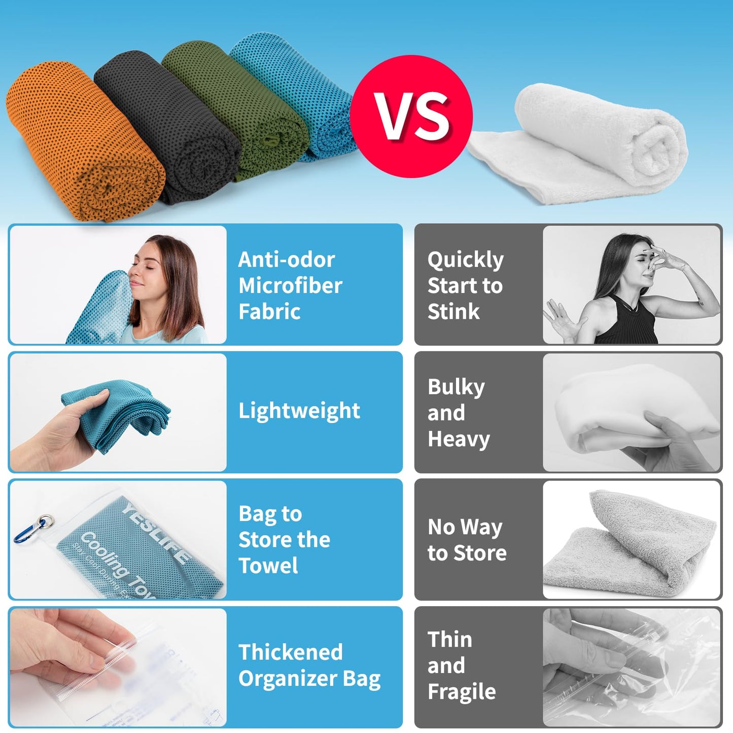 YESLIFE 4 Pack Cooling Towels (40"x12") – Soft, Breathable Gym Towels for Men & Women | Quick Dry Workout Towels for Yoga, Running, Sports & Outdoor Activities (Black, Army Green, Orange, Blue)