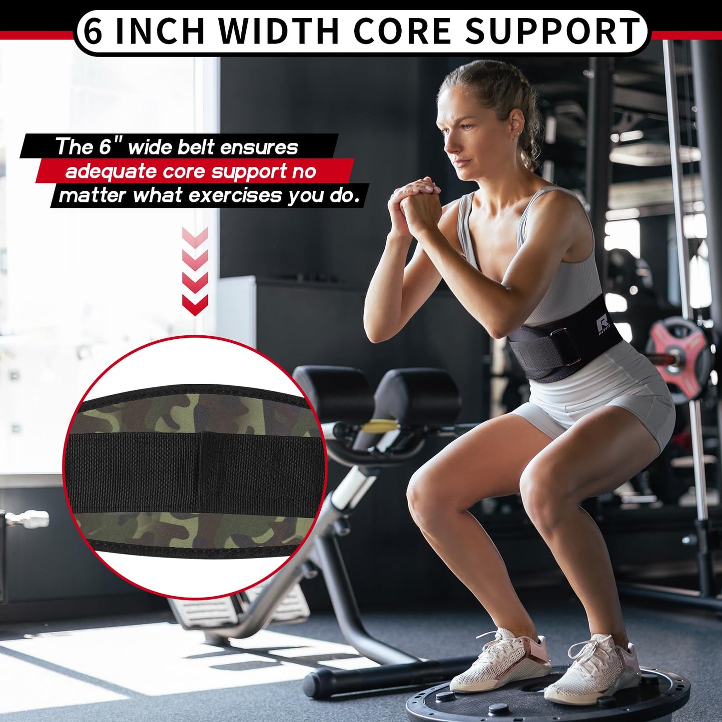 Weight Lifting Belt for Men and Women, 6-Inch Black/Camouflage Belt for Squats, Lunges, Deadlifts, and Thrusters