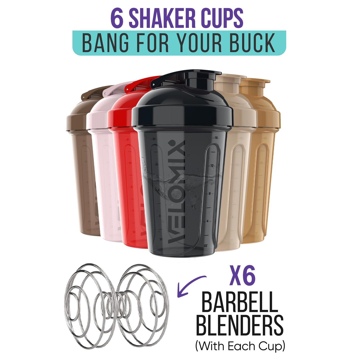 VELOMIX -6 PACK- 20 oz Protein Shaker Bottles for Protein Mixes | Leak-Proof Small Shaker Cups with Wire Whisks | Durable Protein Shake Bottle Pack for Gym, Fitness, and Smoothies (Midnight Clay Series)