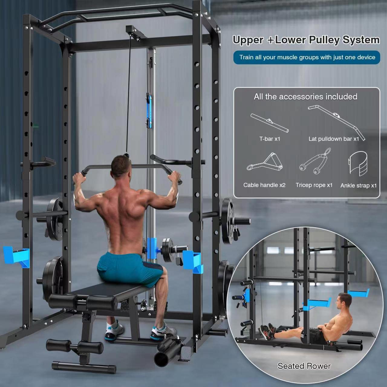 Multi-Functional Power Cage with J-Hooks, Dip Handles, Landmine Attachment, and Optional Cable Pulley System for Home Gym Workouts