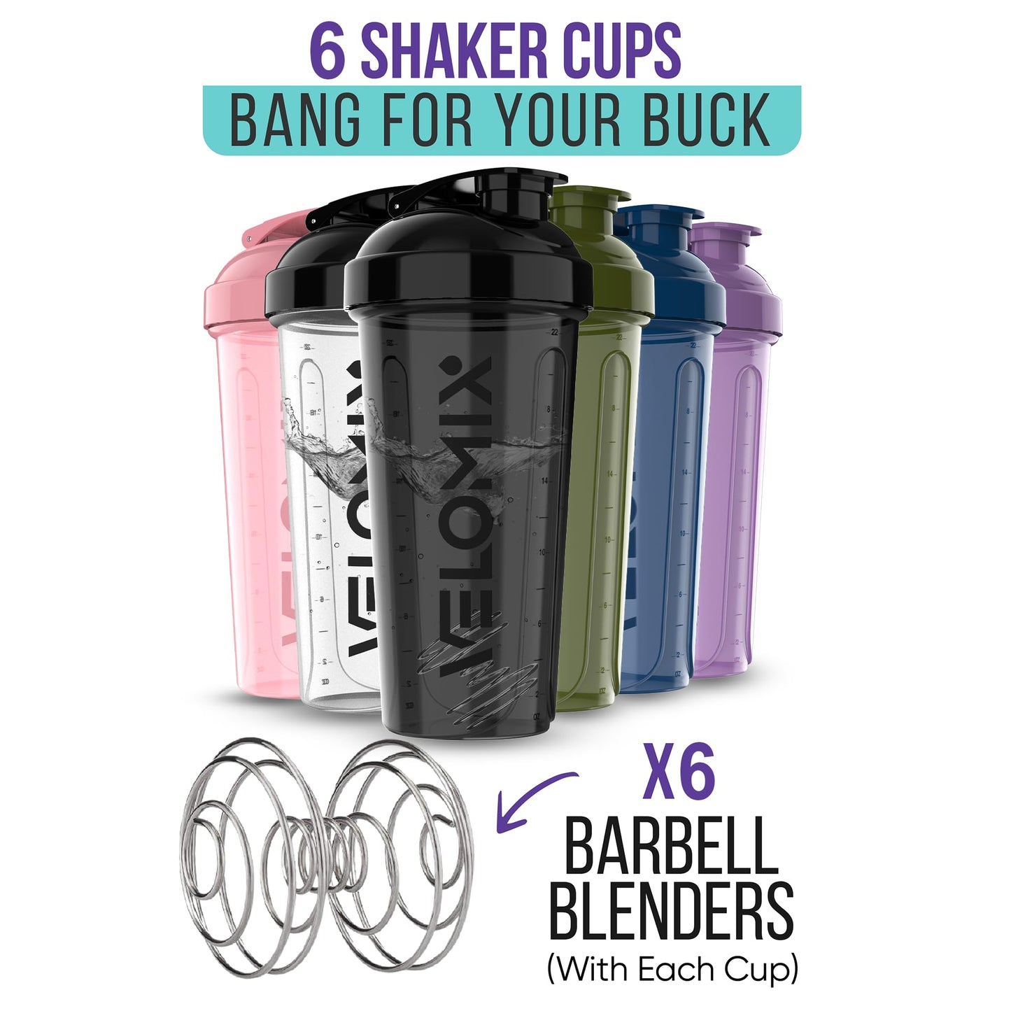 VELOMIX Protein Shaker Bottle 6-Pack (28oz) – Includes 6 Wire Whisks | Leak-Proof Shaker Cups for Protein Shakes & Pre-Workout Drinks | Durable Mixing Bottles for Fitness, Gym, and Smoothies (Dynamic Fuel Series)