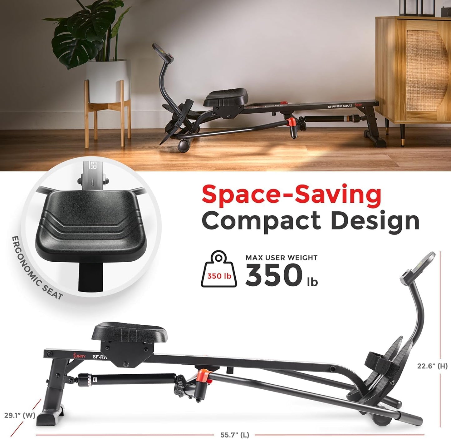 **Sunny Health & Fitness Compact Full-Motion Rowing Machine – Adjustable Resistance Rower for Low-Impact Full-Body Workouts, Long Slide Rail, Space-Saving Foldable Design, Compatible with SunnyFit App**