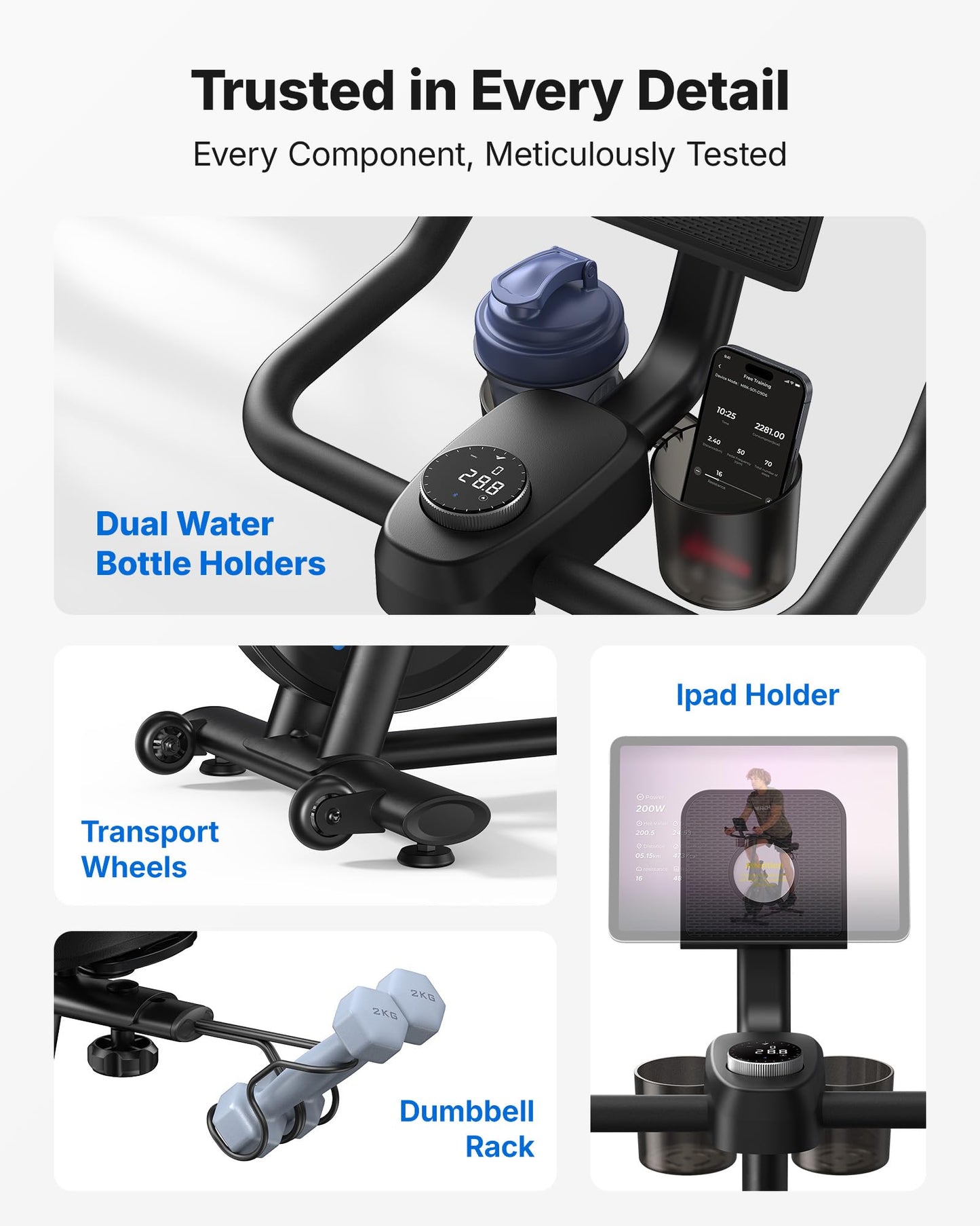 Brake Pad Stationary Exercise Bike, Low Noise Indoor Cycling Bike with 300lbs Capacity, Tablet Mount & App Connectivity