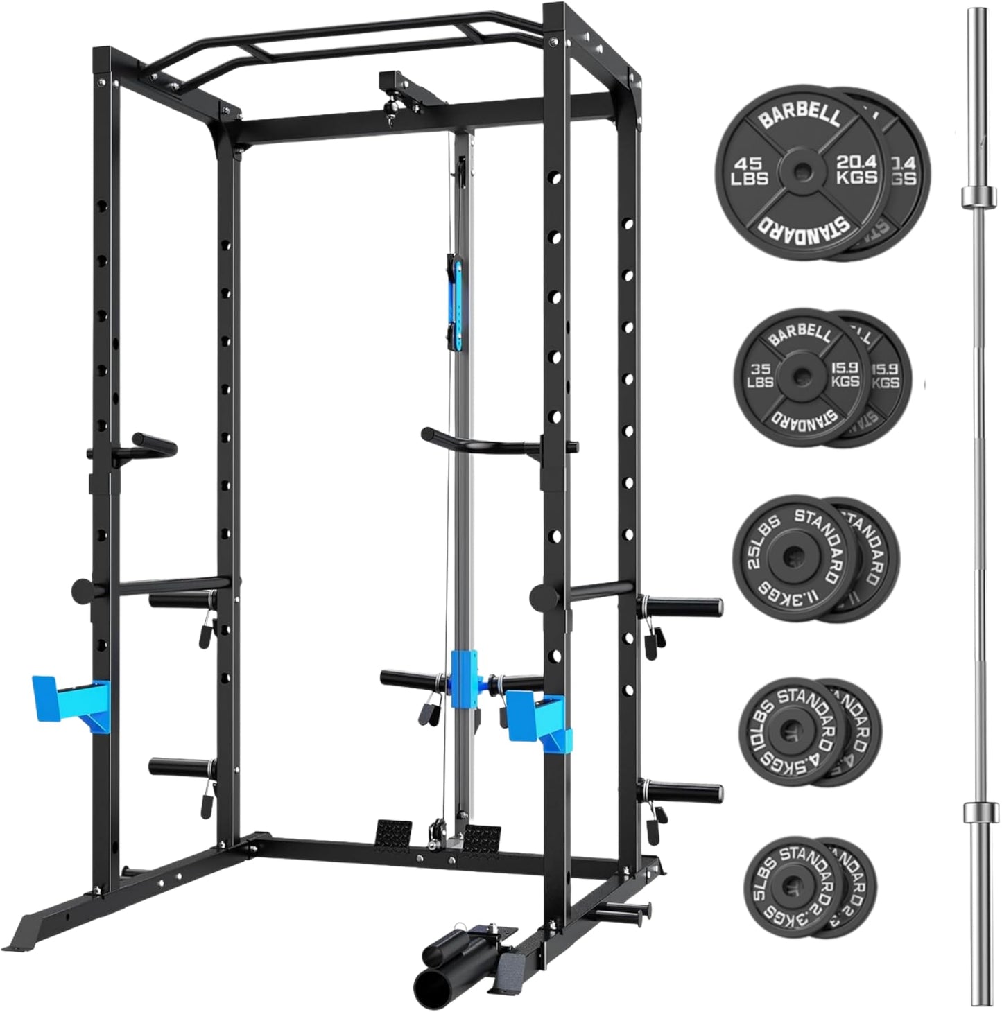 Multi-Functional Power Cage with J-Hooks, Dip Handles, Landmine Attachment, and Optional Cable Pulley System for Home Gym Workouts