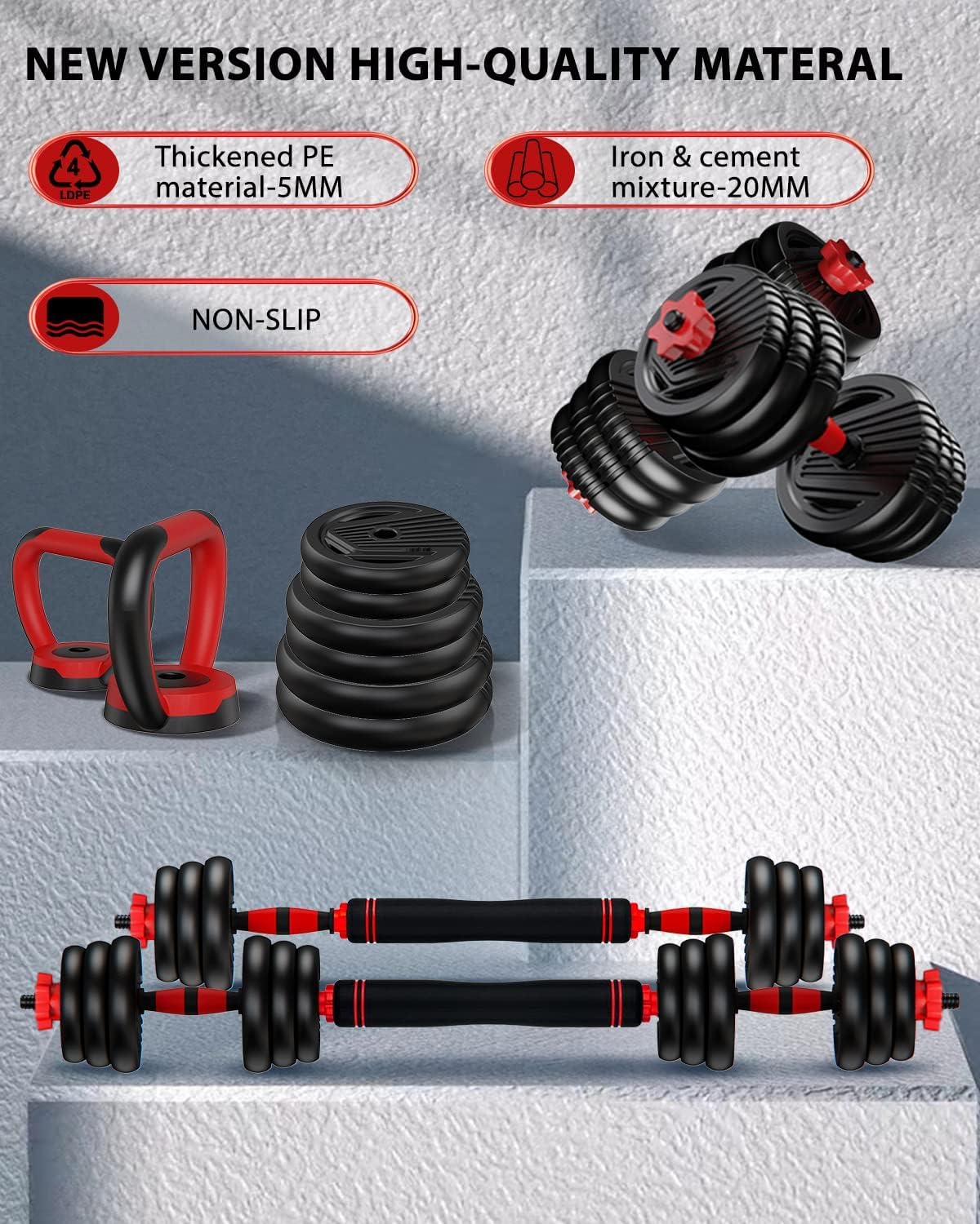 Adjustable 4-in-1 Dumbbell Set 10/20/30/45/70/90 lbs, Converts to Barbell, Kettlebell and Push-Up Stand for Home Gym Fitness