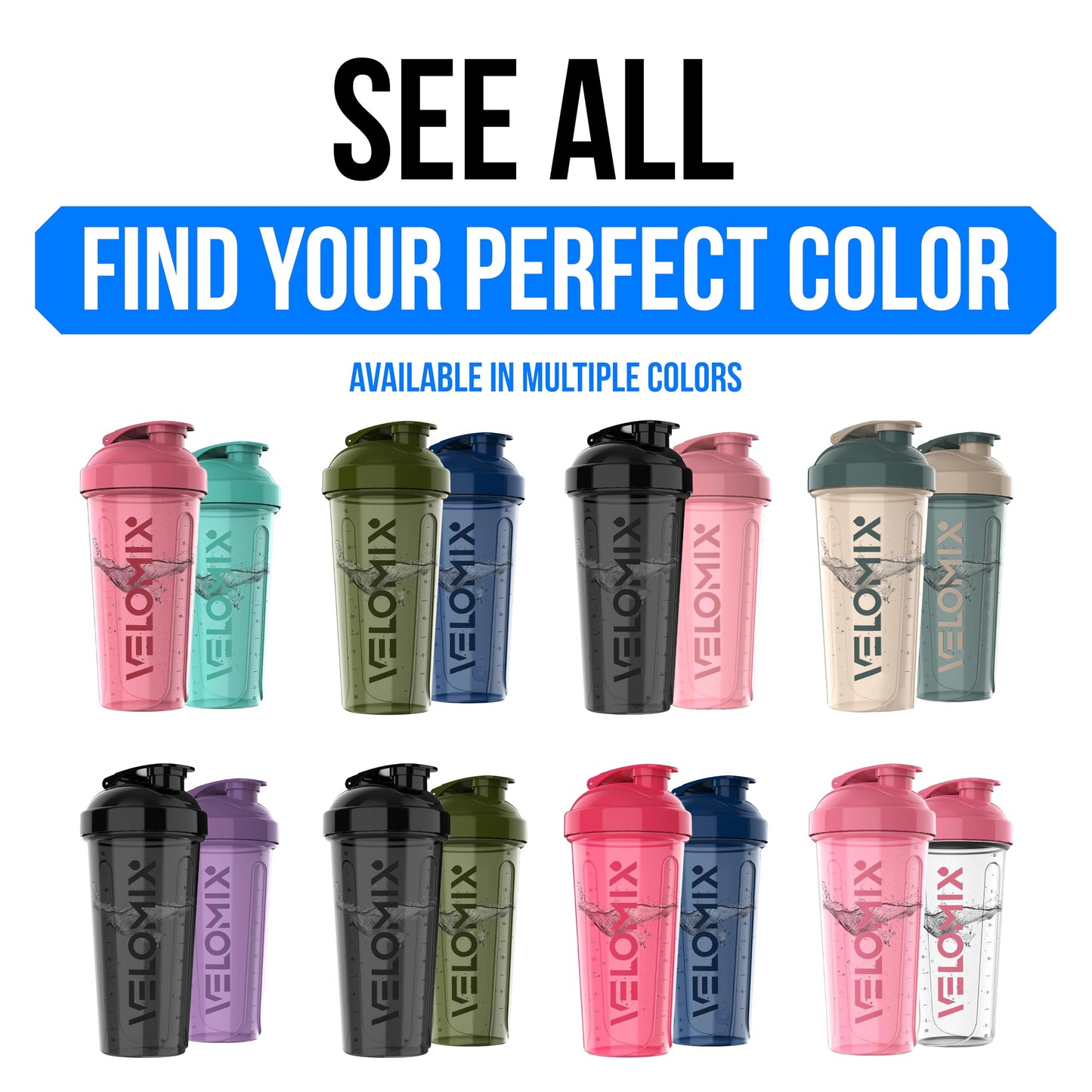 VELOMIX 2-Pack Protein Shaker Bottles (28oz) – Leak-Proof Shaker Cups with Dual Wire Whisks – Ideal for Protein Shakes, Smoothies & Pre-Workout Drinks – Durable & BPA-Free (Black/Transparent)