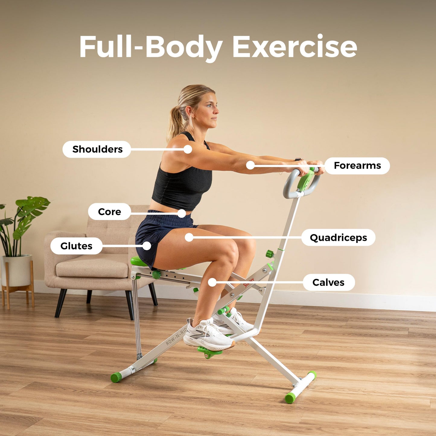 Sunny Health & Fitness Smart Row-N-Ride Glute & Leg Trainer – Foldable Squat Assist Rower with Adjustable Resistance, Digital Monitor & SunnyFit App Connectivity for Home Gym Full Body Workout