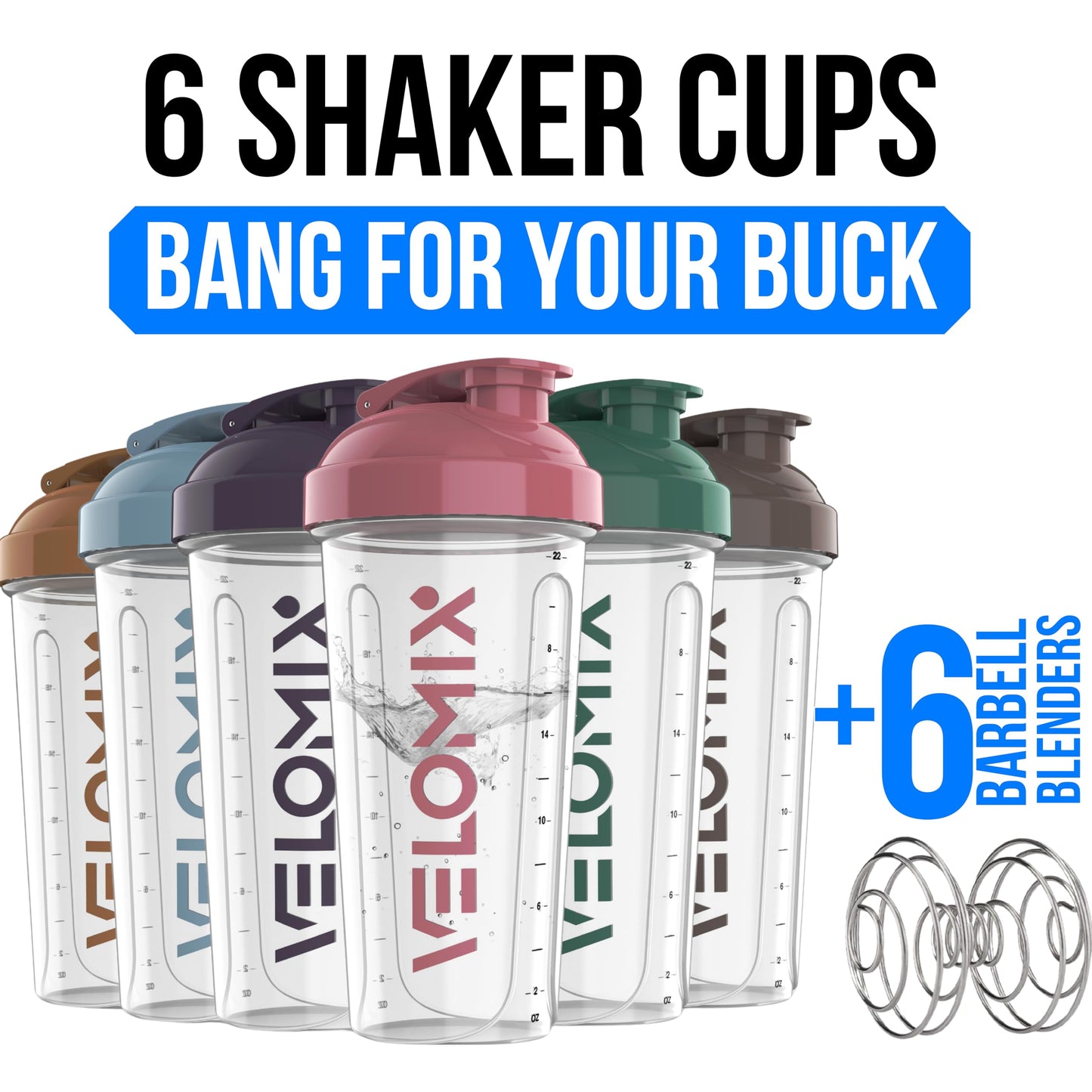 VELOMIX Protein Shaker Bottle 6-Pack (28oz) – Includes 6 Wire Whisks | Leak-Proof Shaker Cups for Protein Shakes & Pre-Workout Drinks | Durable Mixing Bottles for Gym, Fitness, and Smoothies (Muted Clarity)