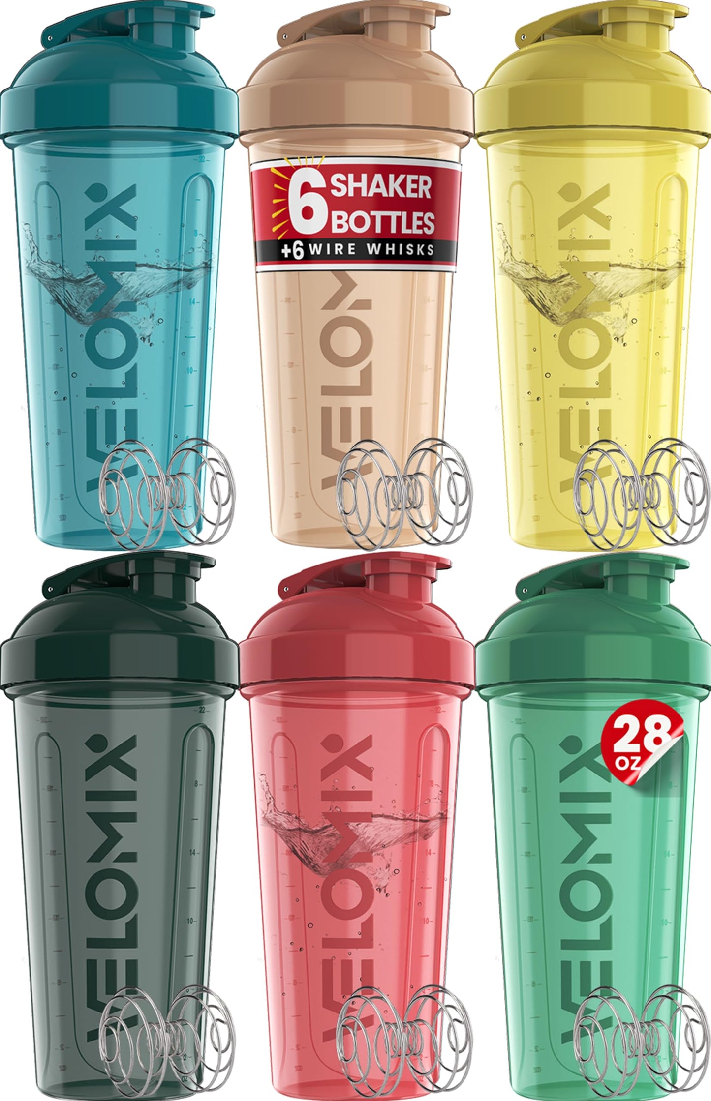 VELOMIX Protein Shaker Bottle 6-Pack (28oz) – Includes 6 Wire Whisks | Leak-Proof Shaker Cups for Protein Shakes & Pre-Workout Drinks | Durable Mixing Bottles for Gym, Fitness, and Smoothies (Hawai Shadows)