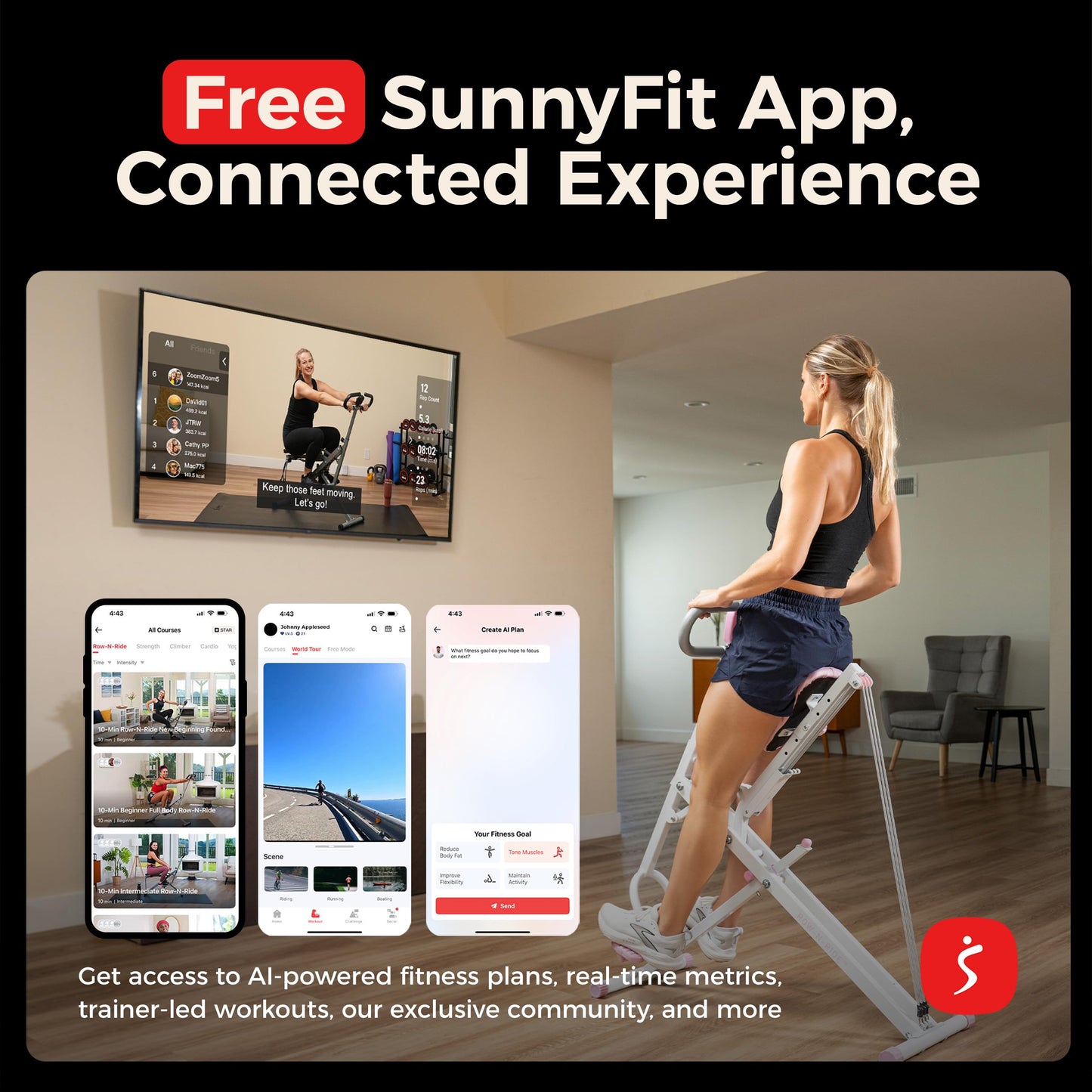 Sunny Health & Fitness Smart Row-N-Ride Glute & Leg Trainer – Foldable Squat Assist Rower with Exclusive SunnyFit App Connection, Adjustable Resistance & Digital Monitor for Home Workout